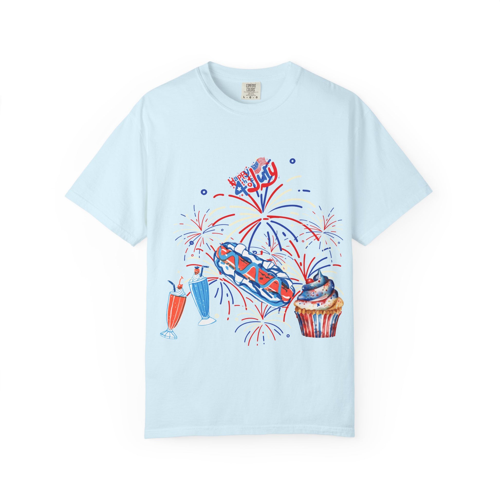 T-Shirt — Fourth of July Party Graphic Tee (Fireworks, Cupcake & Drinks)