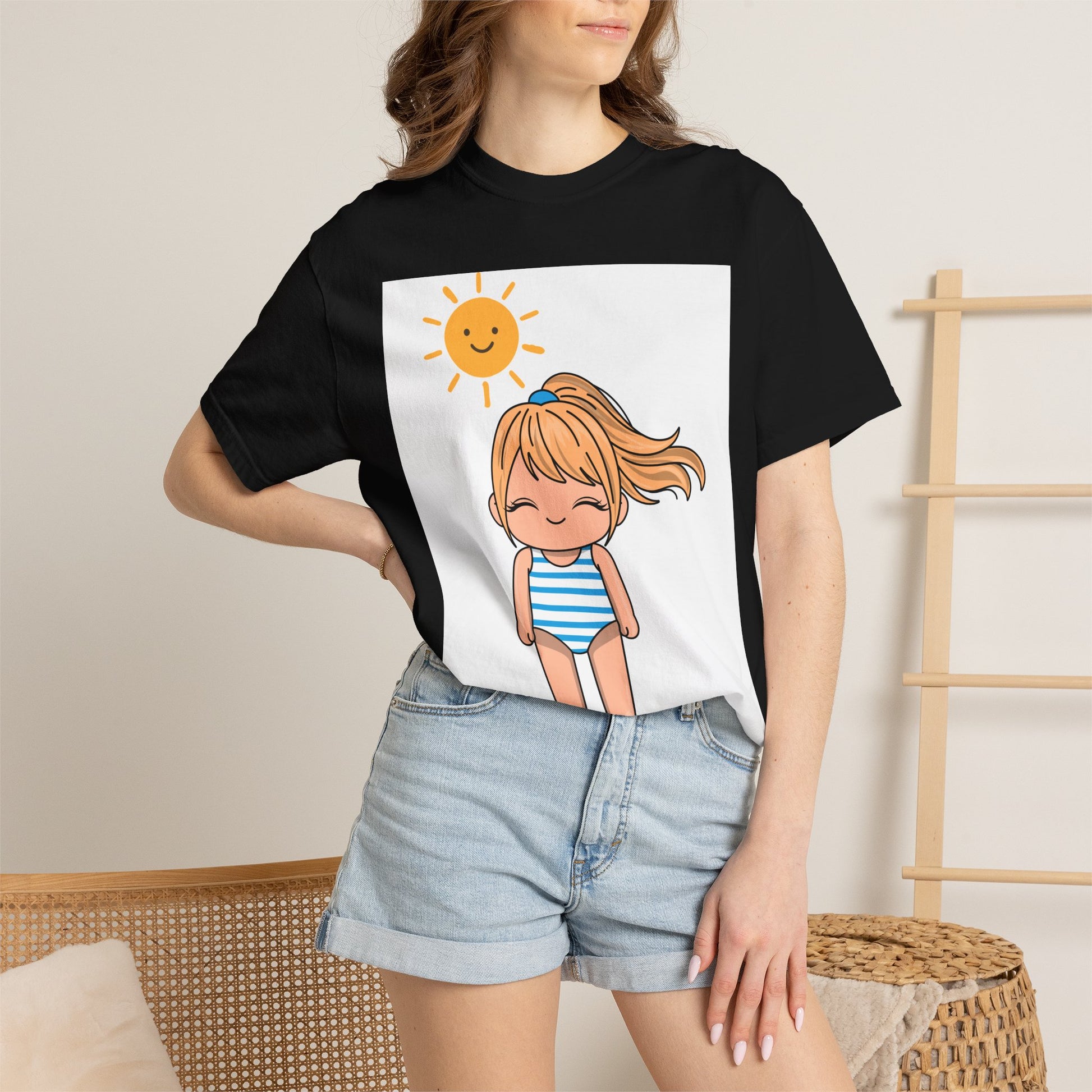 Cute Girl in Swimsuit T-Shirt — Sunny Beach Cartoon Tee