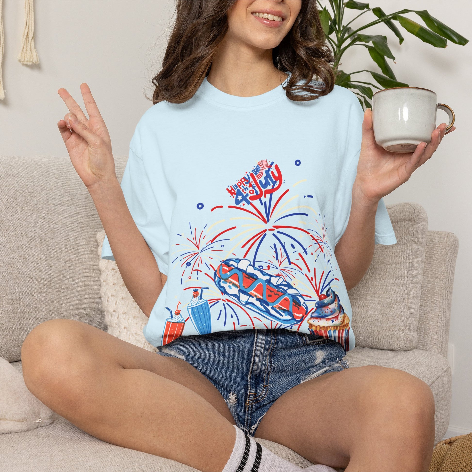T-Shirt — Fourth of July Party Graphic Tee (Fireworks, Cupcake & Drinks)