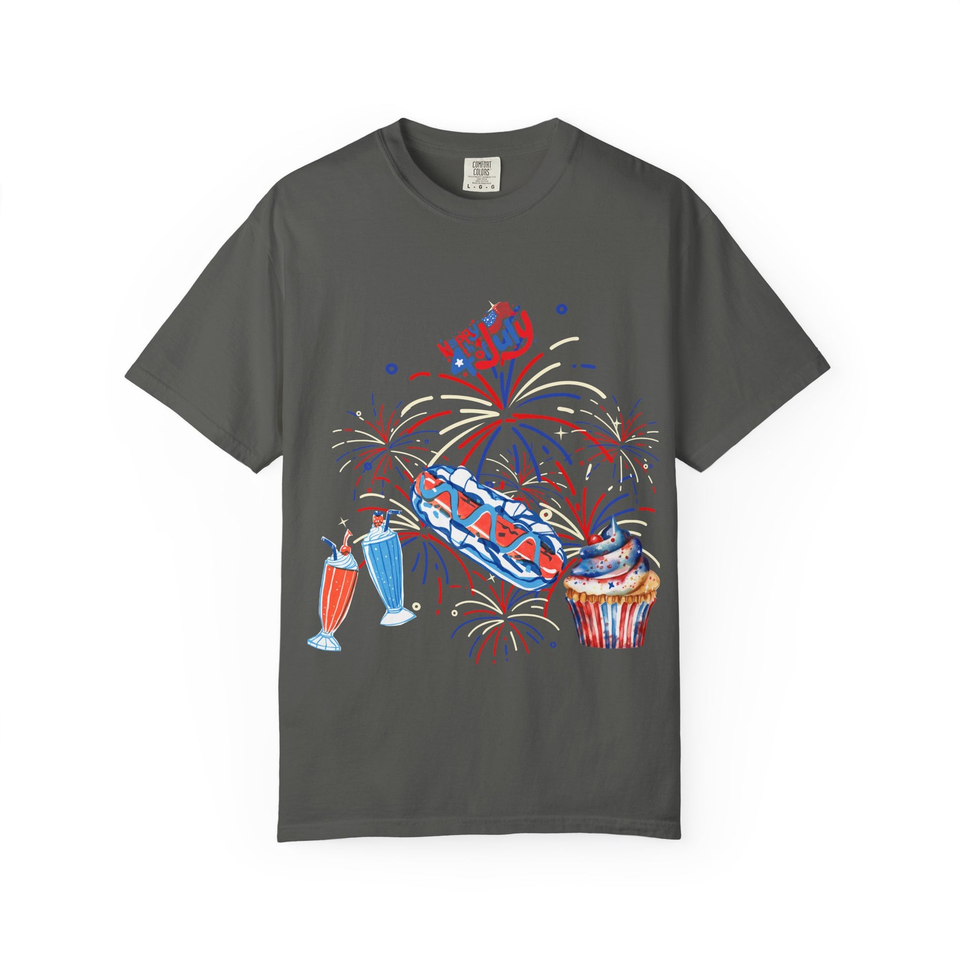 T-Shirt — Fourth of July Party Graphic Tee (Fireworks, Cupcake & Drinks)