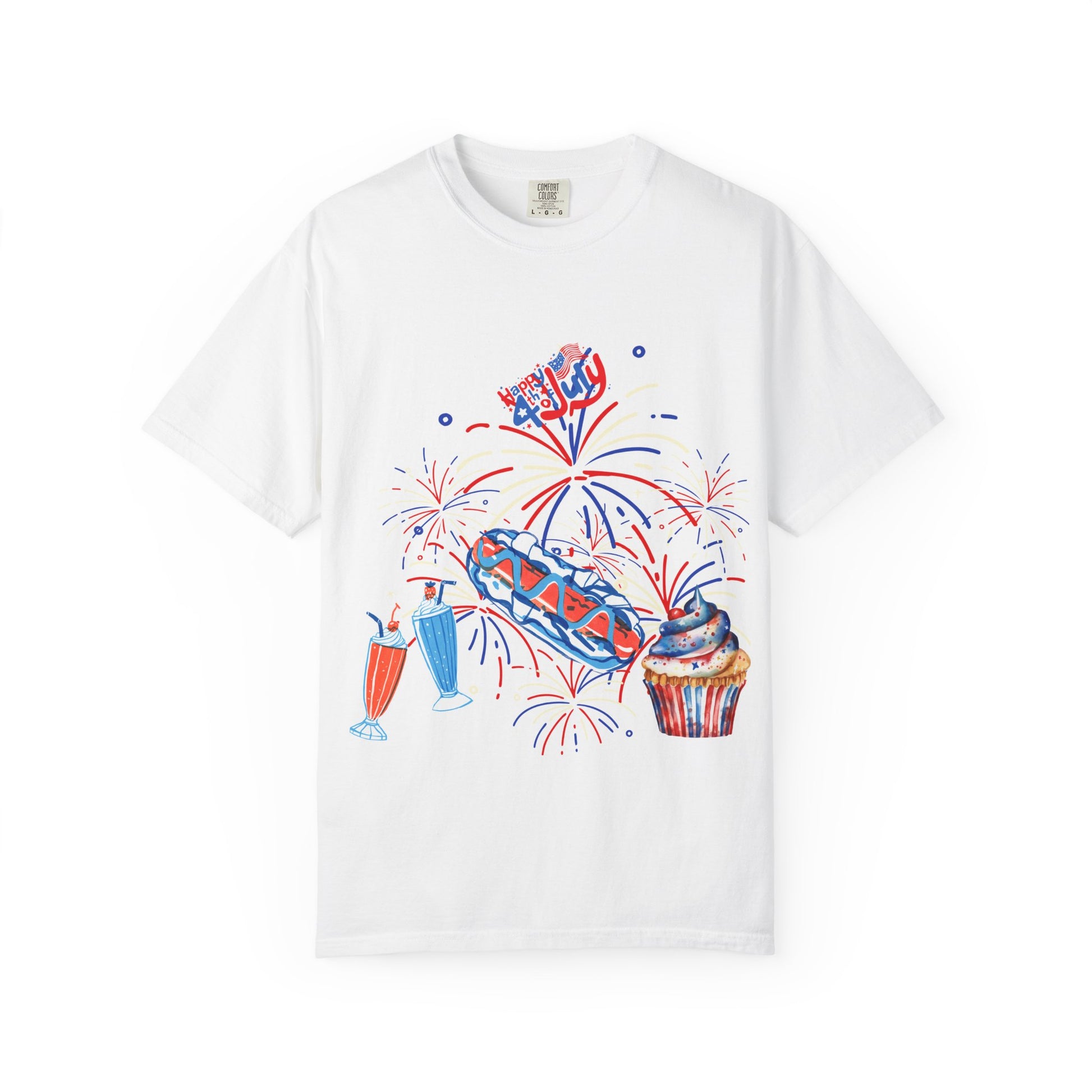 T-Shirt — Fourth of July Party Graphic Tee (Fireworks, Cupcake & Drinks)