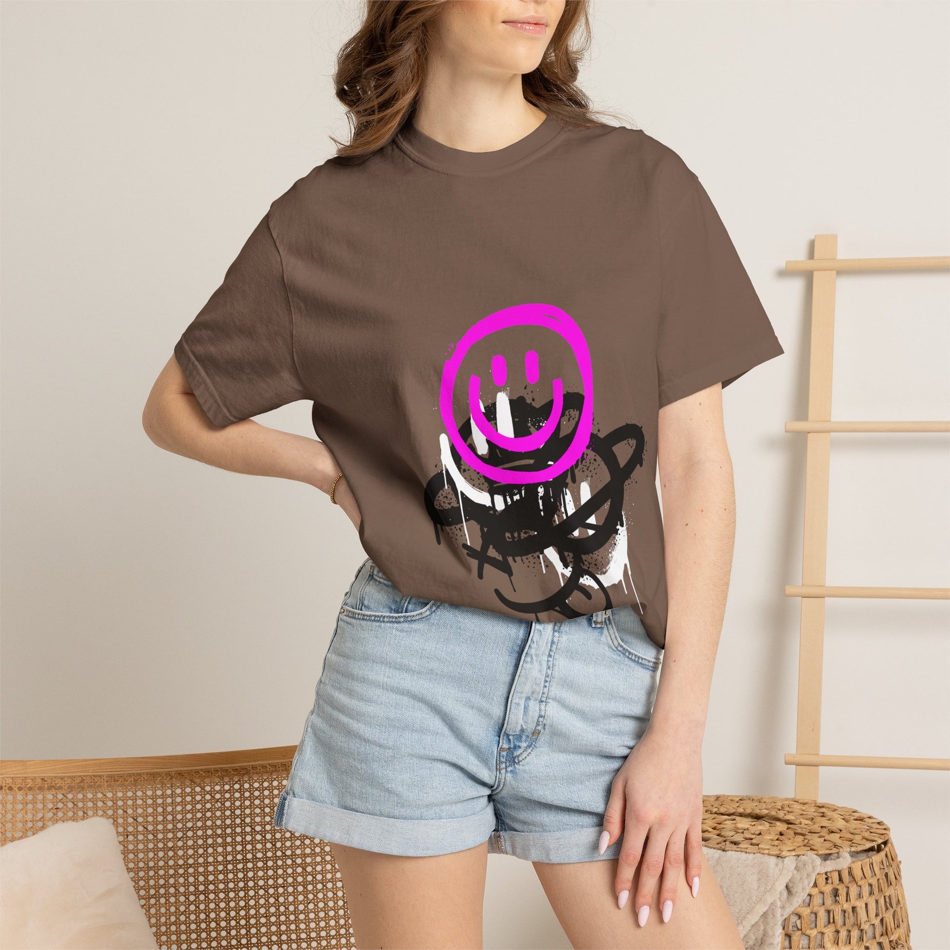 Smiley Graffiti T-Shirt — Neon Pink Drip Streetwear Tee