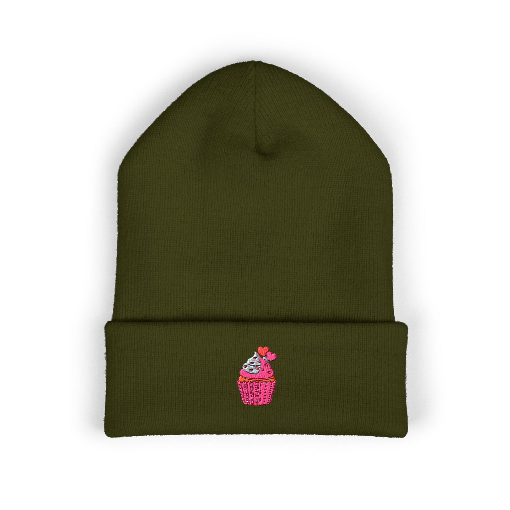 Embroidered Pink Cupcake Cuffed Beanie