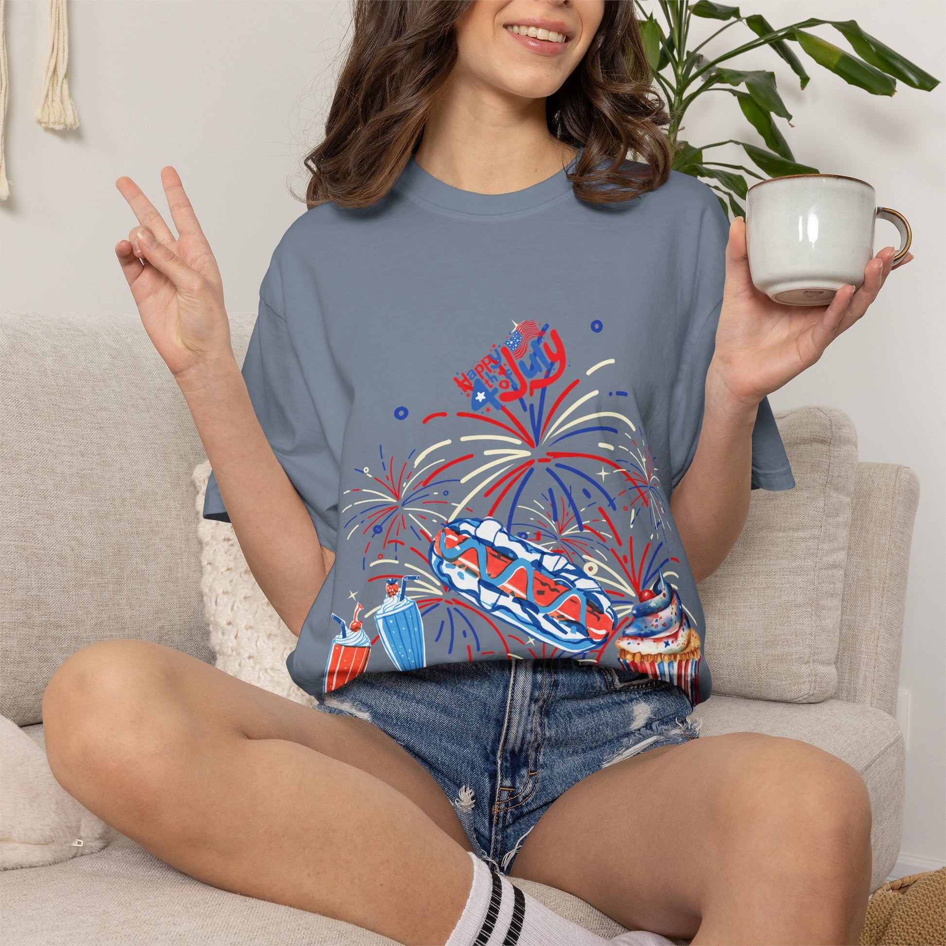 T-Shirt — Fourth of July Party Graphic Tee (Fireworks, Cupcake & Drinks)