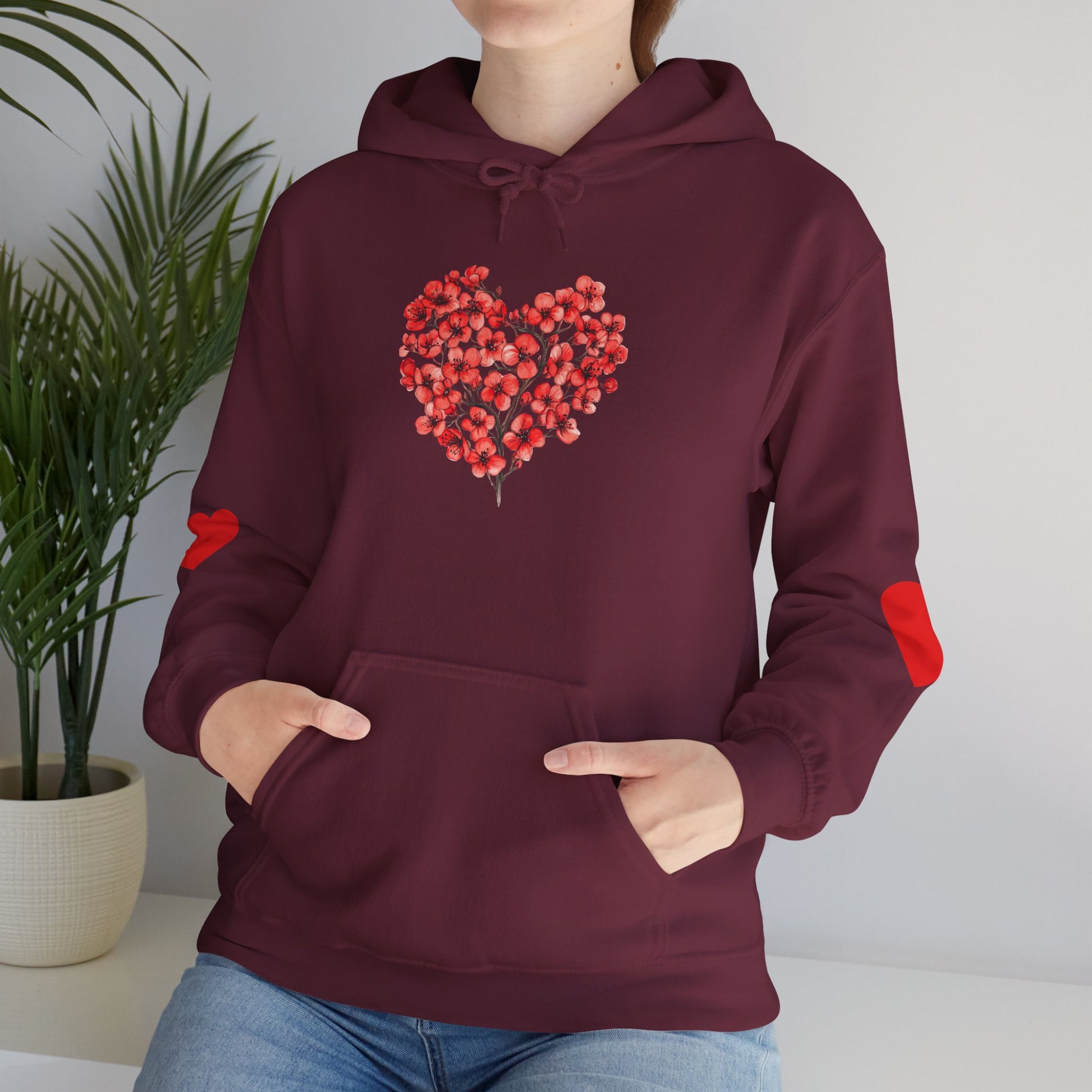 Heart Bouquet Hoodie — Floral Heart Pullover with Elbow Hearts