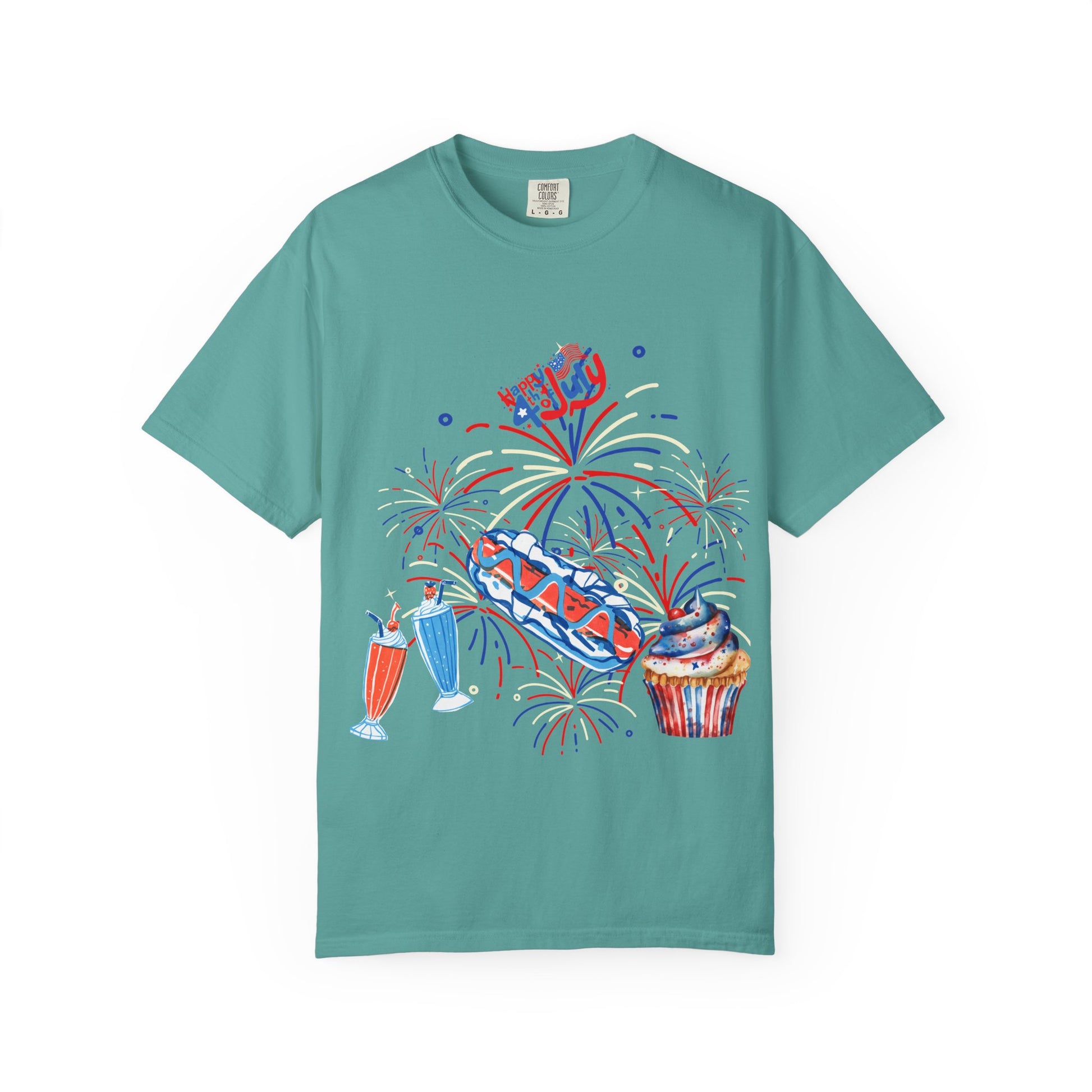 T-Shirt — Fourth of July Party Graphic Tee (Fireworks, Cupcake & Drinks)