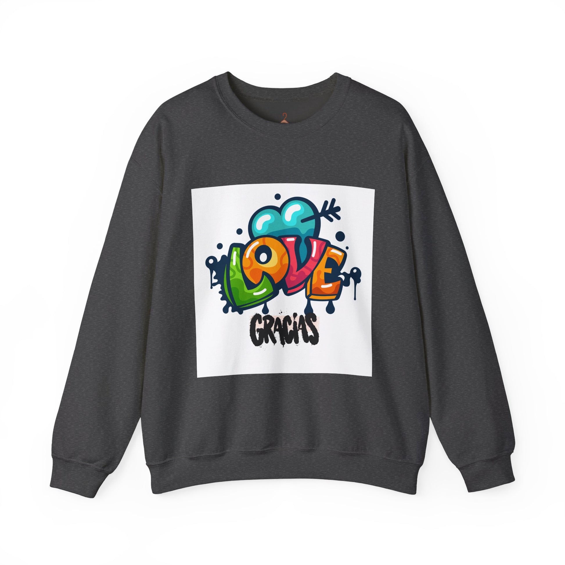 Love Gracias Crewneck Sweatshirt — Colorful Graffiti Heart Thank You Pullover
