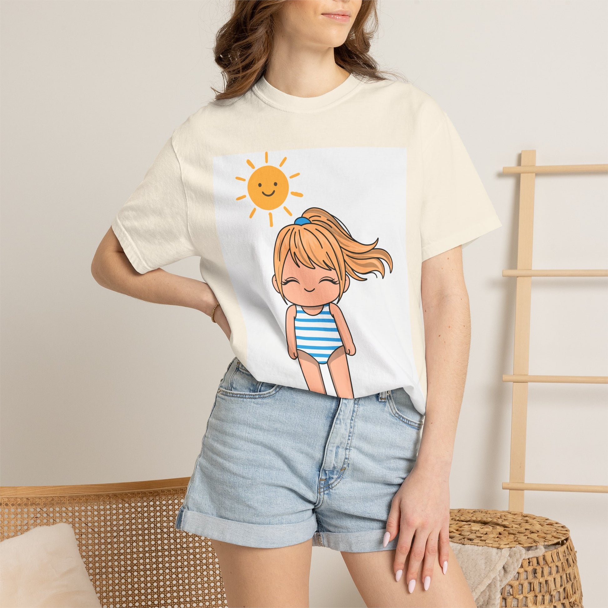 Cute Girl in Swimsuit T-Shirt — Sunny Beach Cartoon Tee