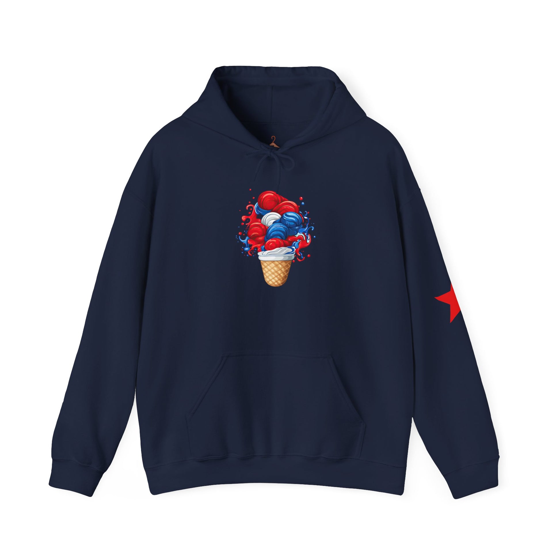Ice Cream Cone Hoodie — Red, White & Blue Swirl Patriotic Ice Cream Graphic Hooded Sweatshirt