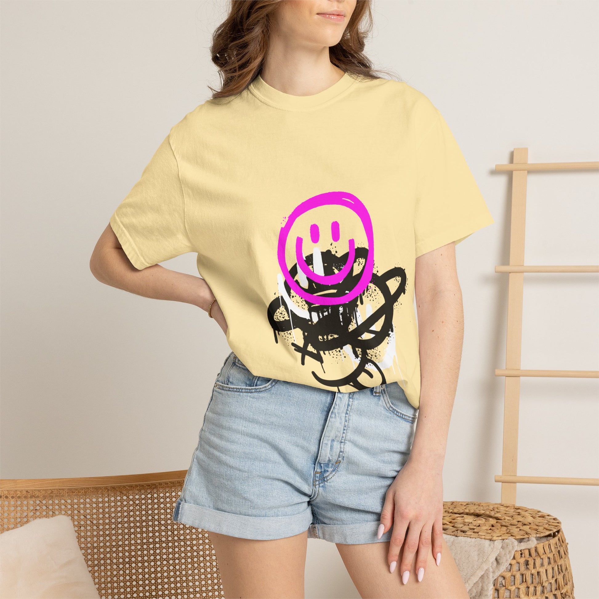 Smiley Graffiti T-Shirt — Neon Pink Drip Streetwear Tee