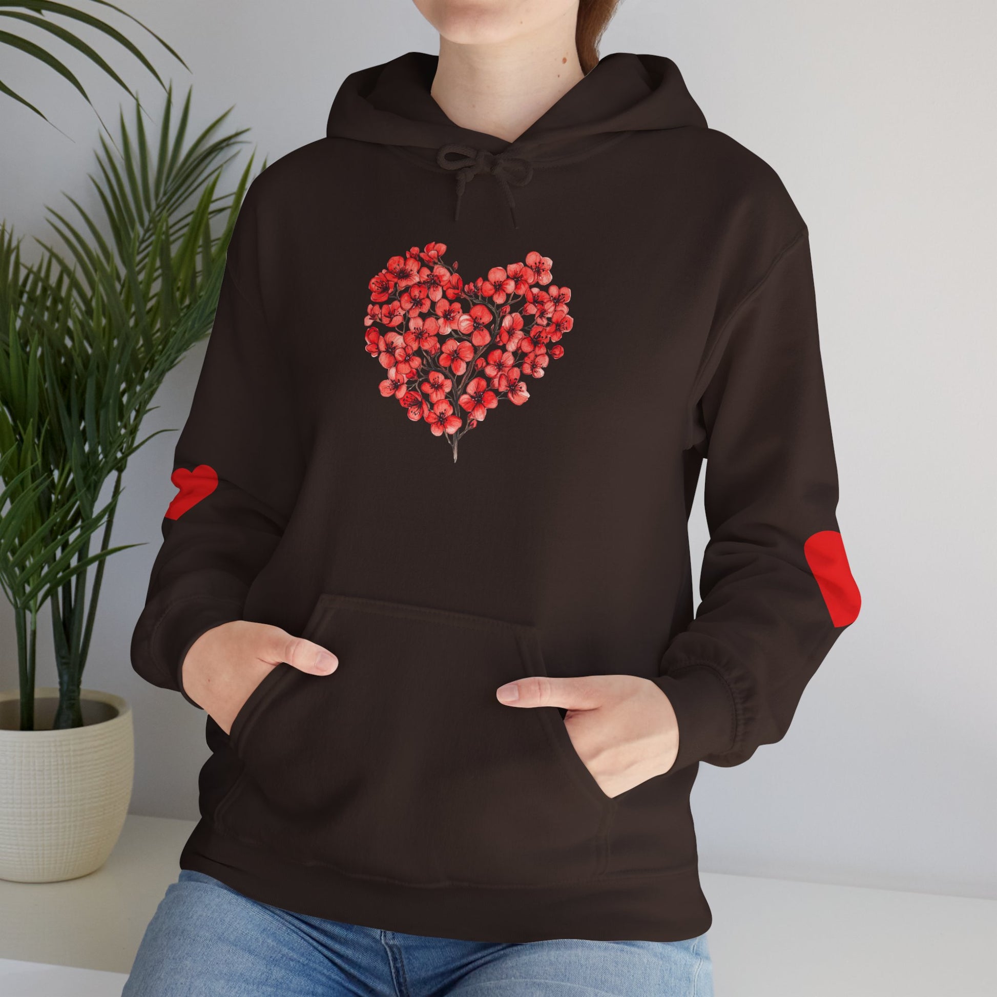 Heart Bouquet Hoodie — Floral Heart Pullover with Elbow Hearts