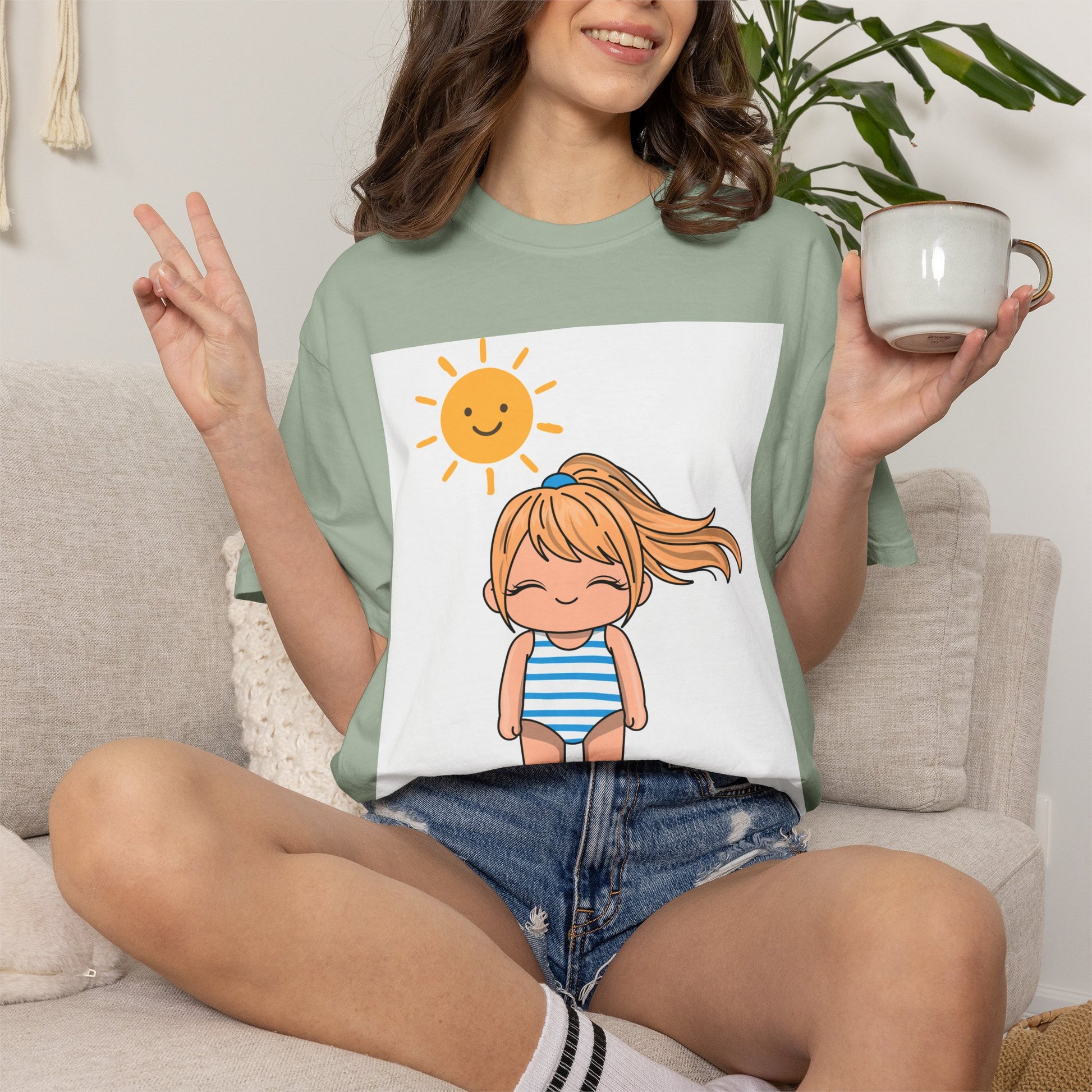 Cute Girl in Swimsuit T-Shirt — Sunny Beach Cartoon Tee