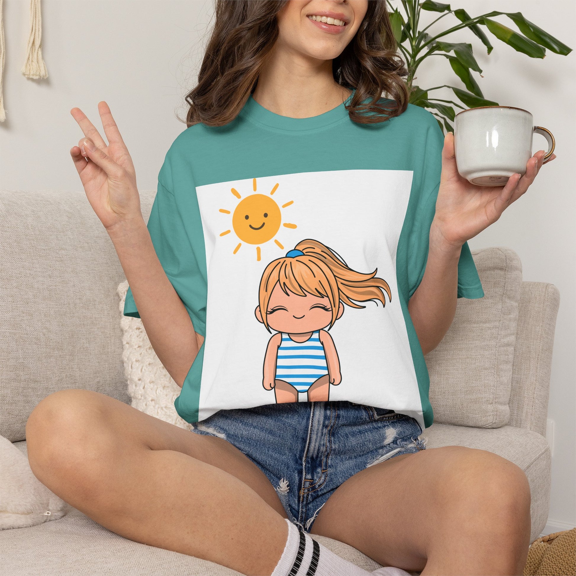 Cute Girl in Swimsuit T-Shirt — Sunny Beach Cartoon Tee