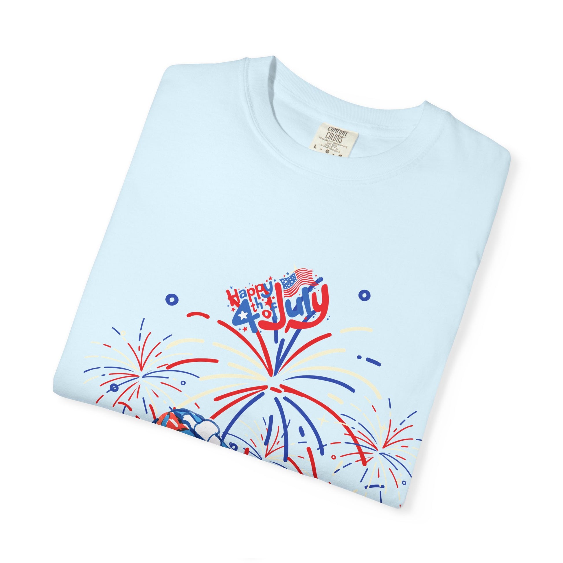 T-Shirt — Fourth of July Party Graphic Tee (Fireworks, Cupcake & Drinks)