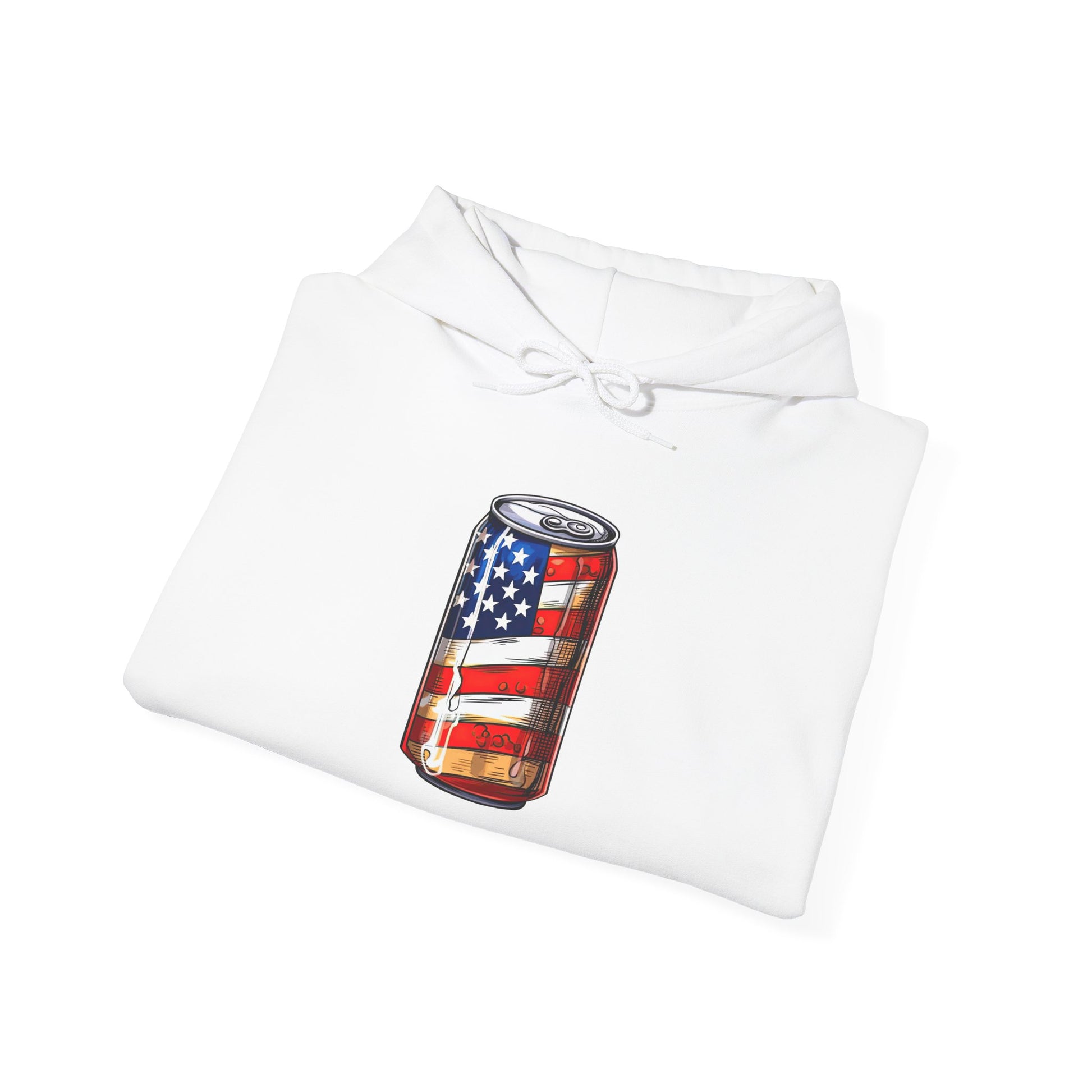 American Flag Soda Can Hoodie — Patriotic Vintage Beverage Graphic Sweatshirt