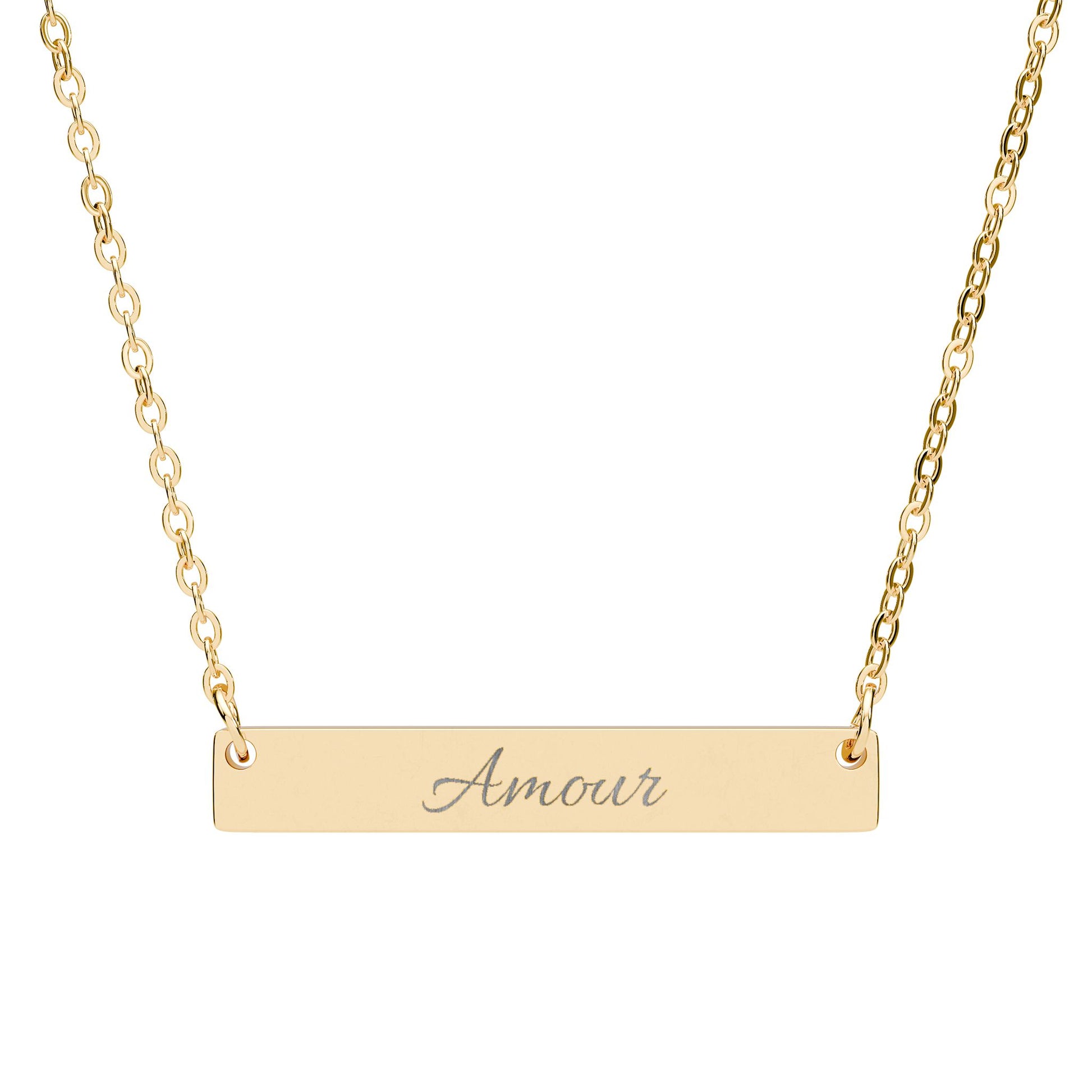 Engraved Horizontal Bar Necklace — Personalized "Amour" Script Pendant
