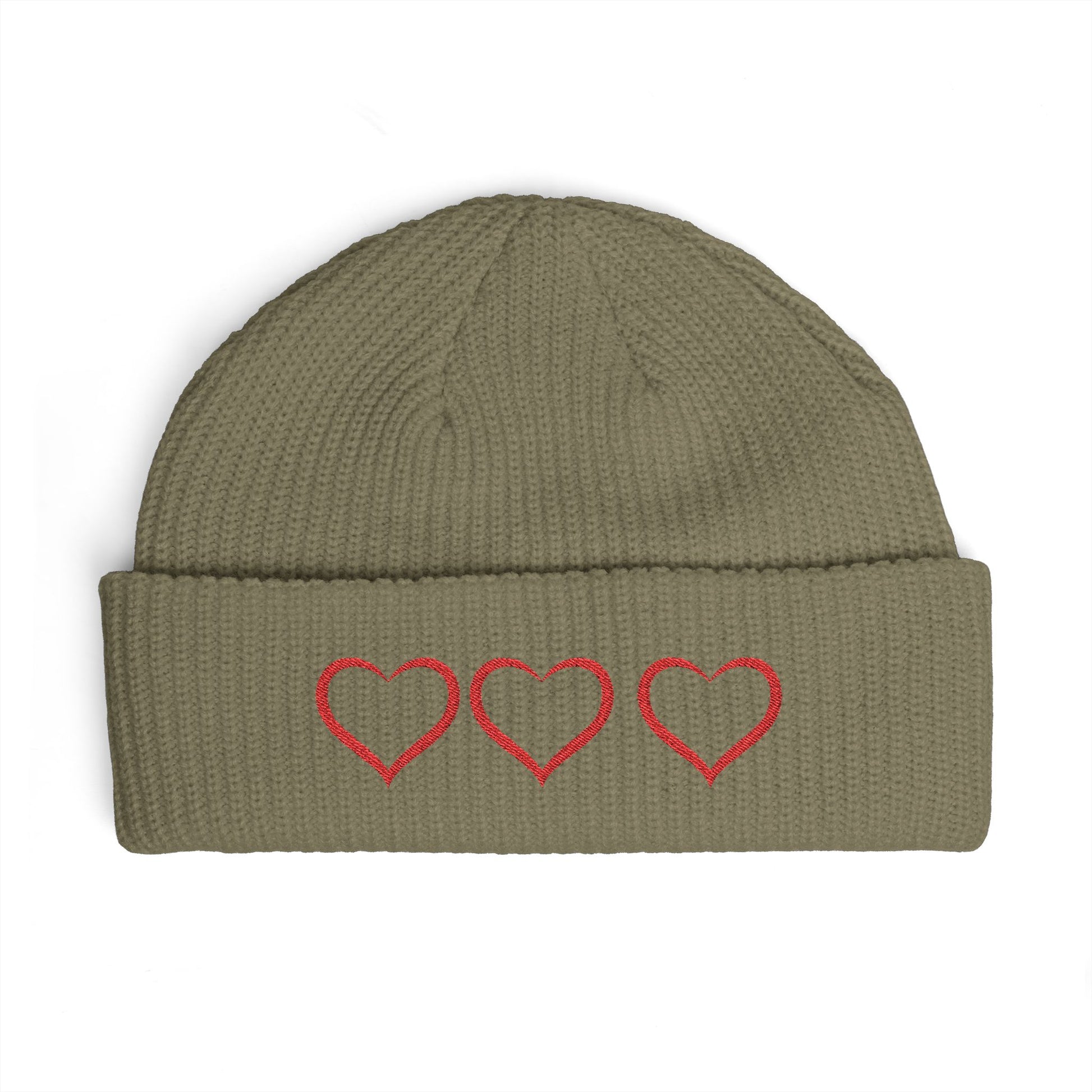 Embroidered Triple Heart Cuff Beanie — Cozy Valentine Knit Hat