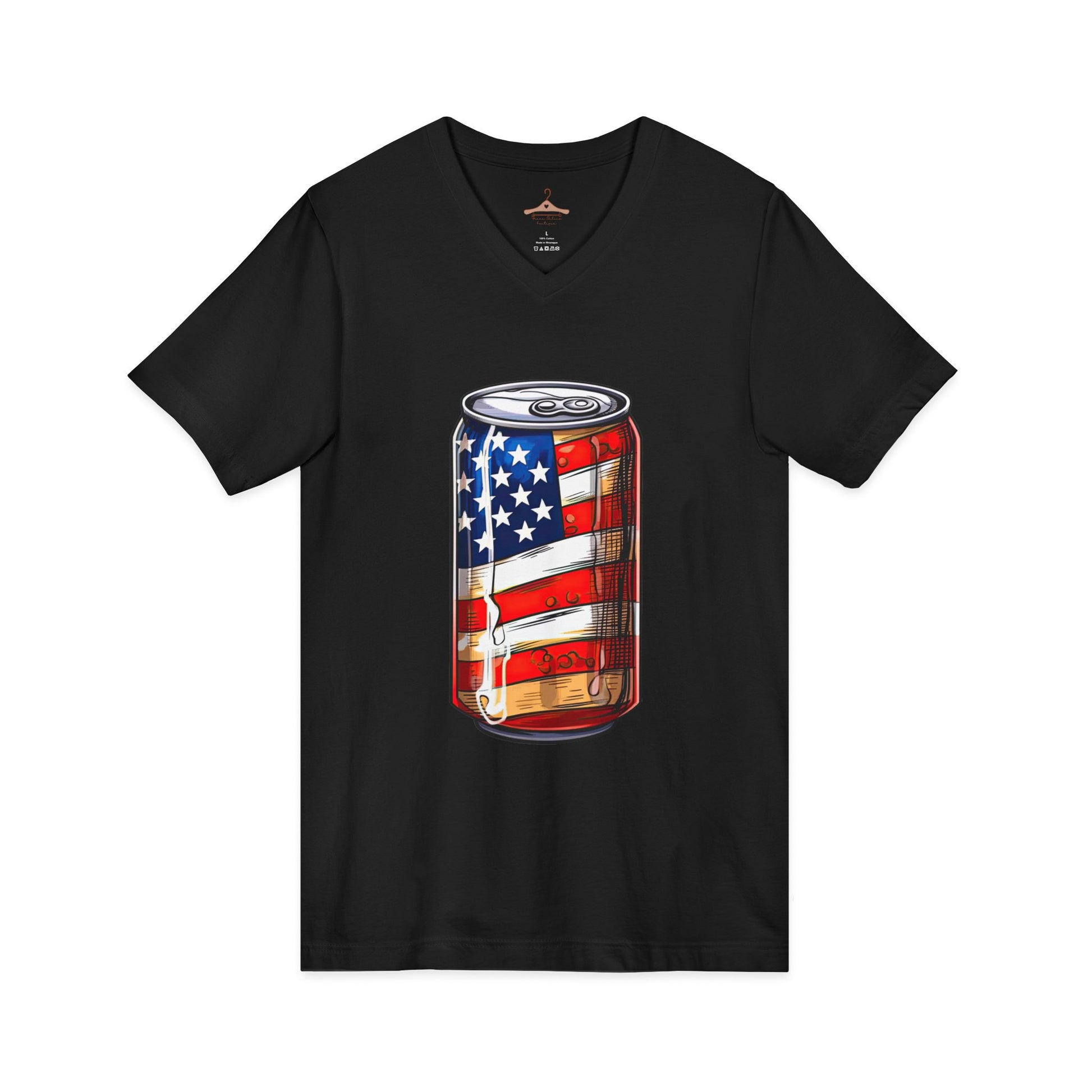 Patriotic Soda Can V-Neck Tee — American Flag Drink Can Graphic Tee