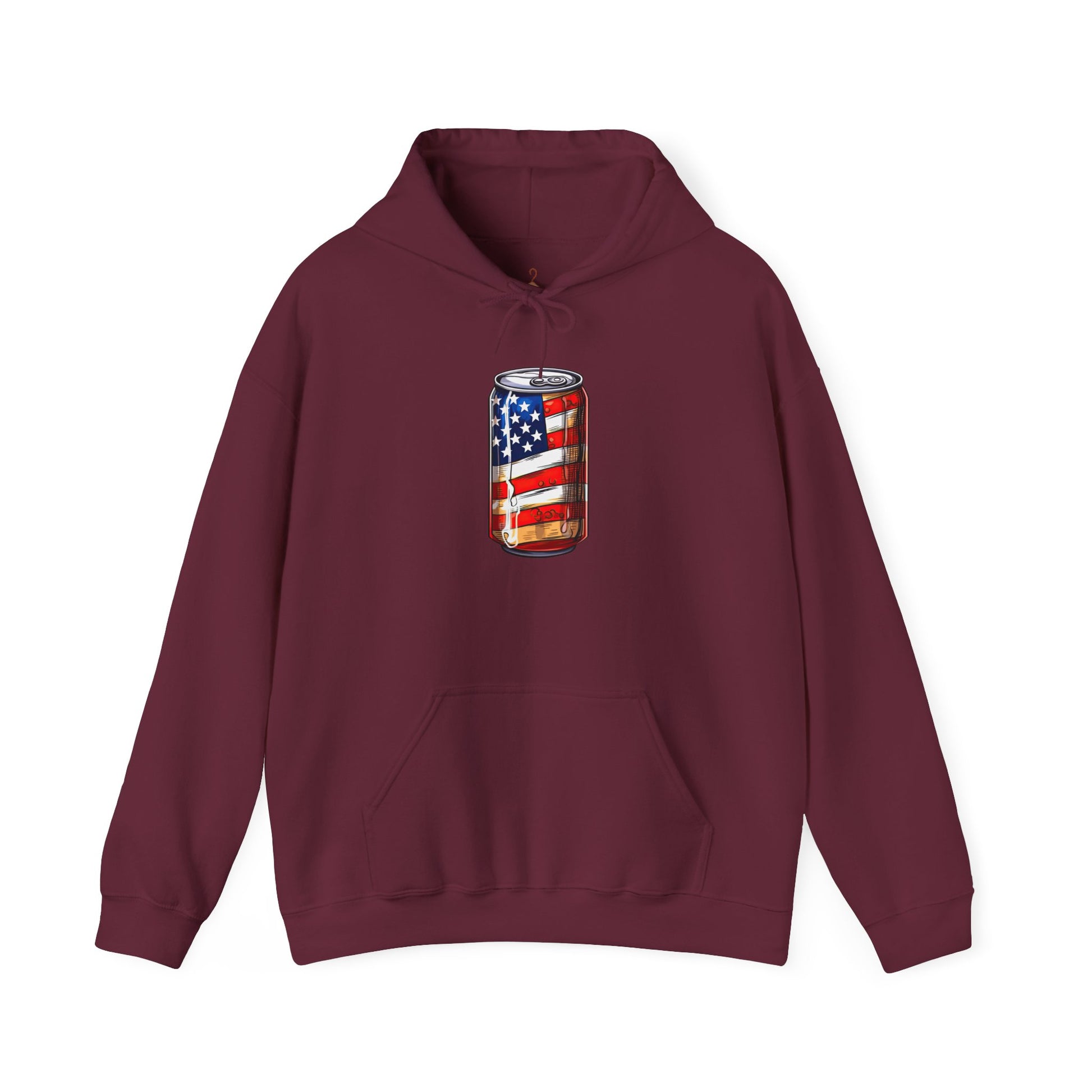 American Flag Soda Can Hoodie — Patriotic Vintage Beverage Graphic Sweatshirt