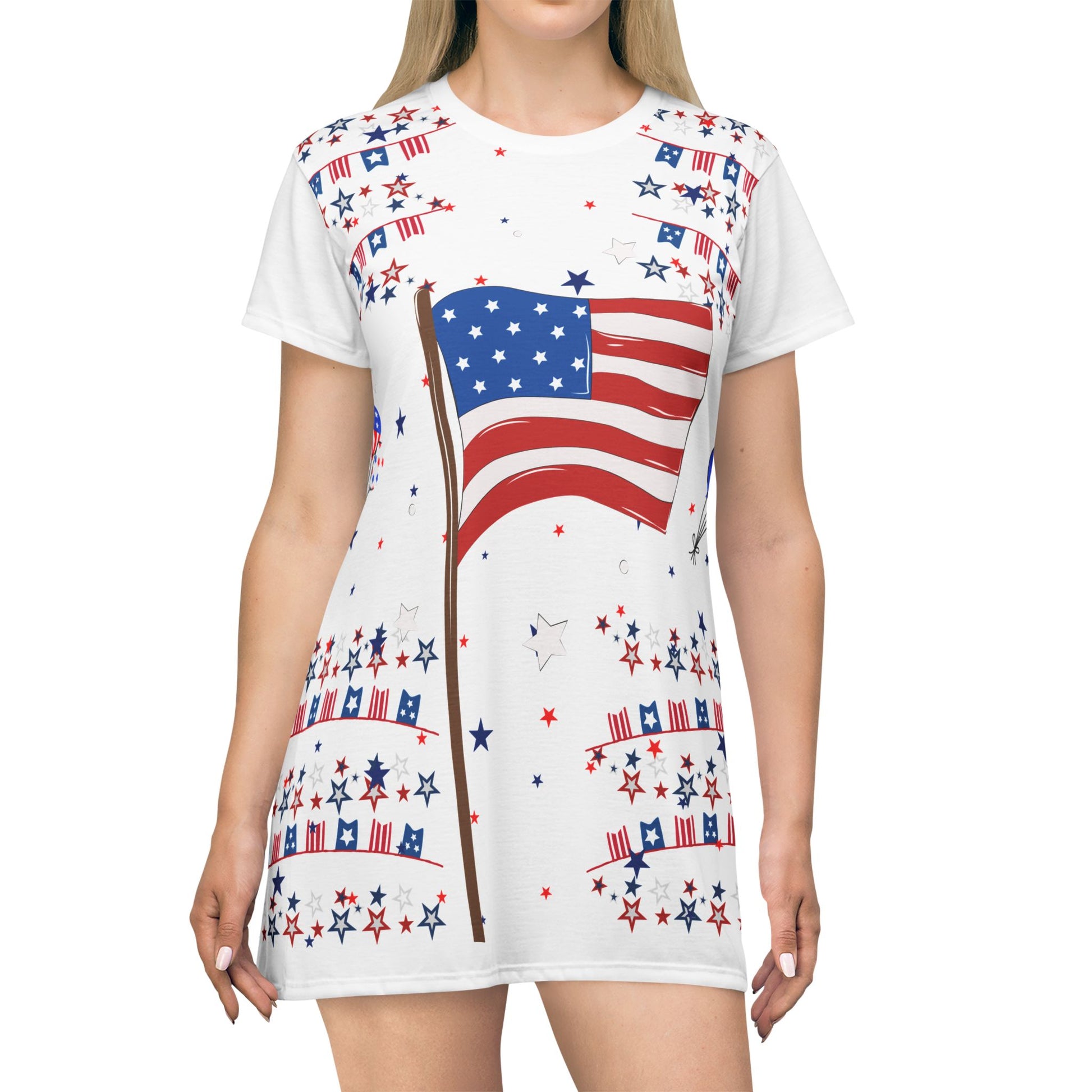 Patriotic American Flag T-Shirt Dress — 4th of July Stars & Stripes AOP