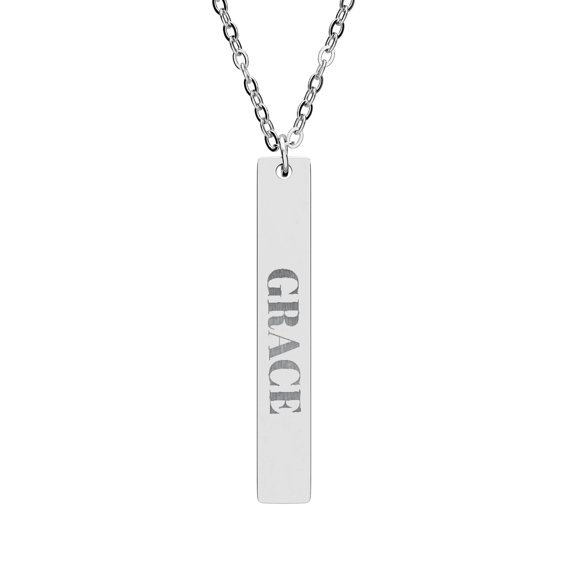 Engraved Vertical Bar Necklace — "GRACE" Pendant (Silver or Rose Gold)
