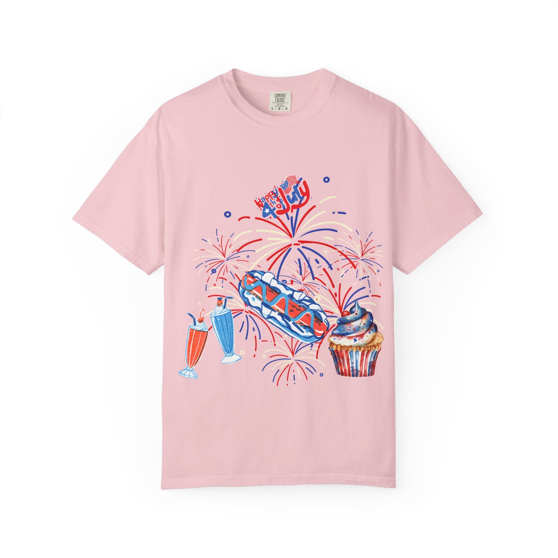 T-Shirt — Fourth of July Party Graphic Tee (Fireworks, Cupcake & Drinks)