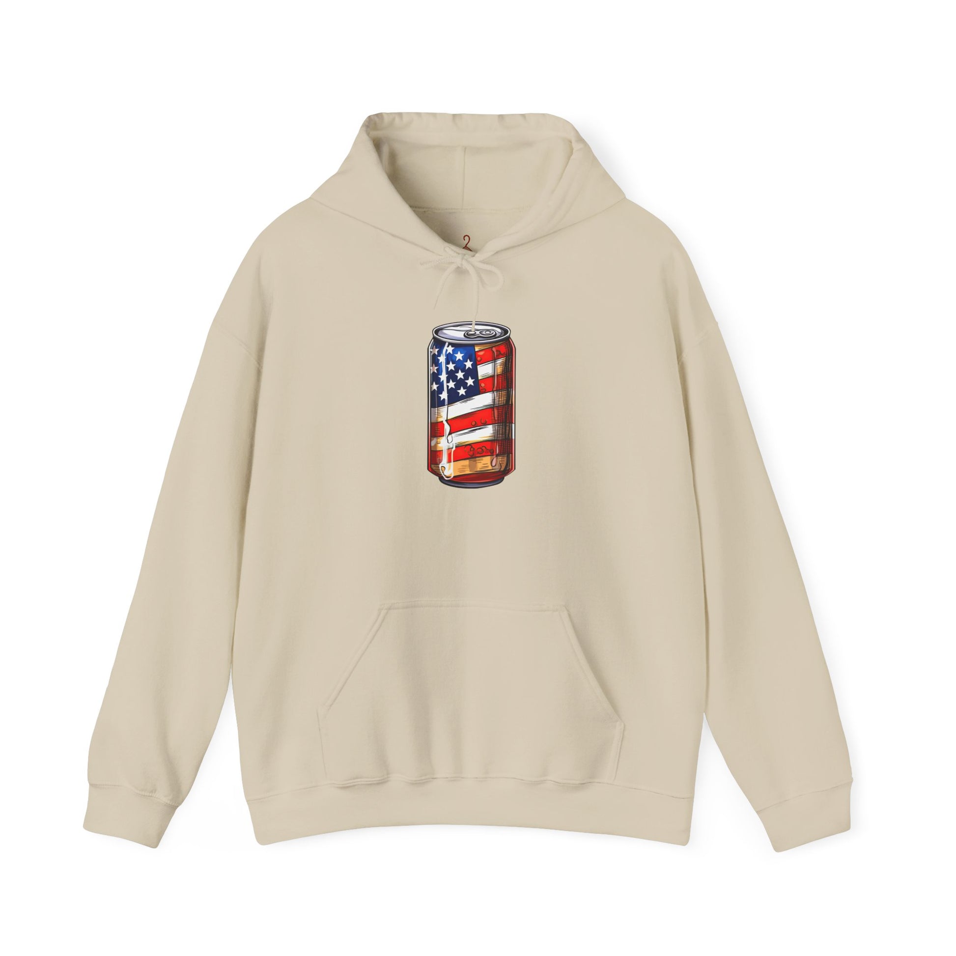 American Flag Soda Can Hoodie — Patriotic Vintage Beverage Graphic Sweatshirt