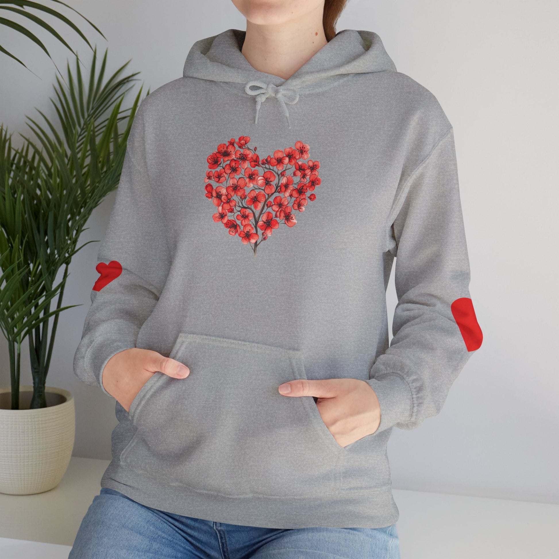 Heart Bouquet Hoodie — Floral Heart Pullover with Elbow Hearts
