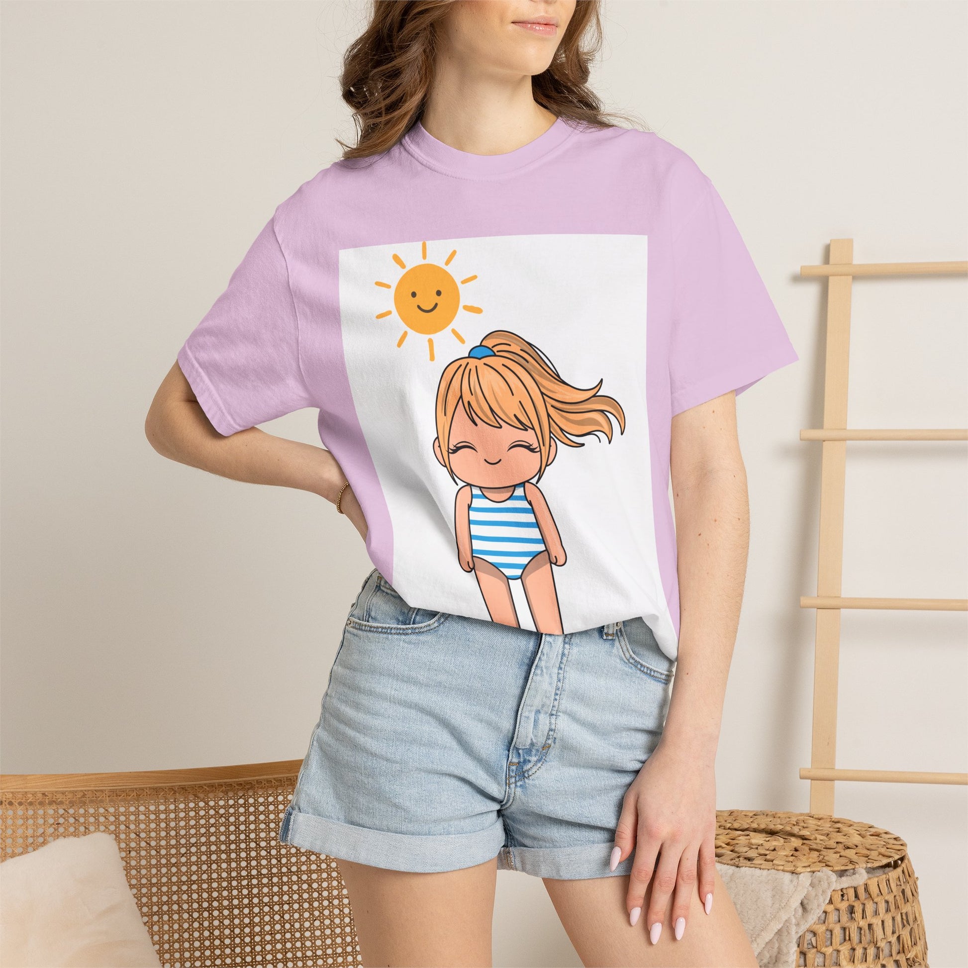 Cute Girl in Swimsuit T-Shirt — Sunny Beach Cartoon Tee