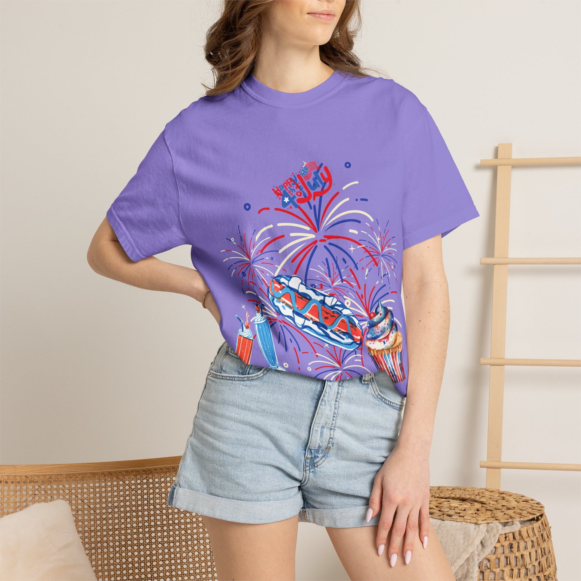 T-Shirt — Fourth of July Party Graphic Tee (Fireworks, Cupcake & Drinks)