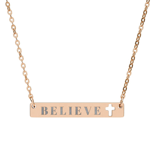 "Believe" Cutout Cross Bar Necklace — Engravable Faith Pendant (Silver & Rose Gold)