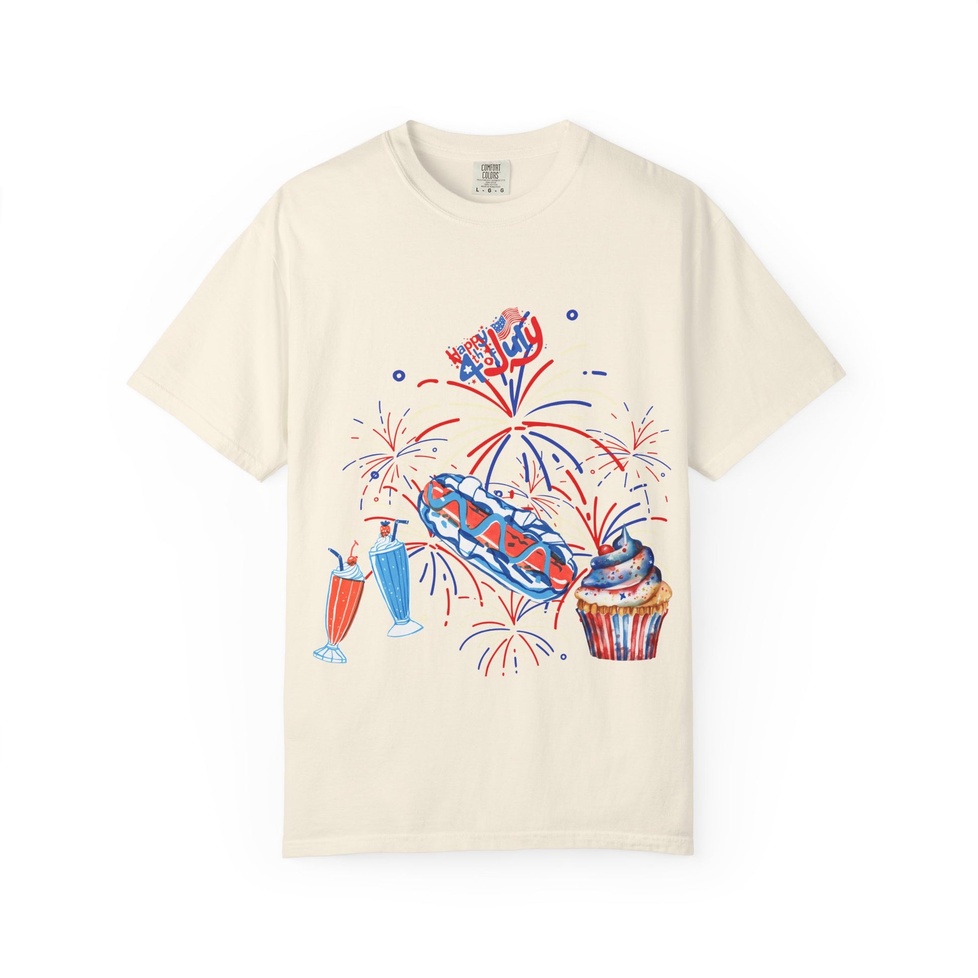 T-Shirt — Fourth of July Party Graphic Tee (Fireworks, Cupcake & Drinks)