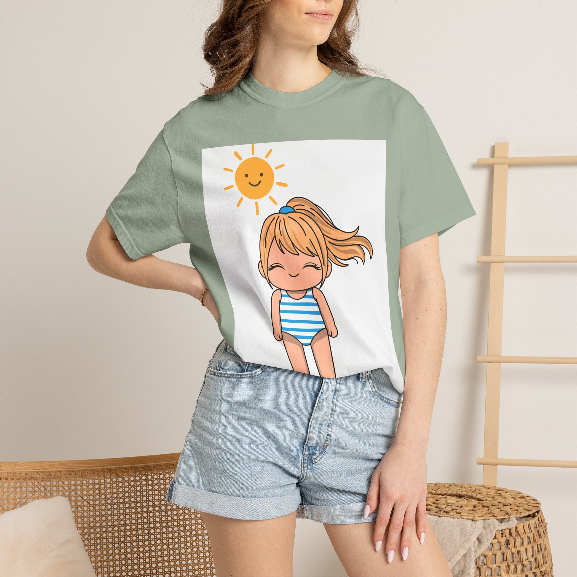 Cute Girl in Swimsuit T-Shirt — Sunny Beach Cartoon Tee