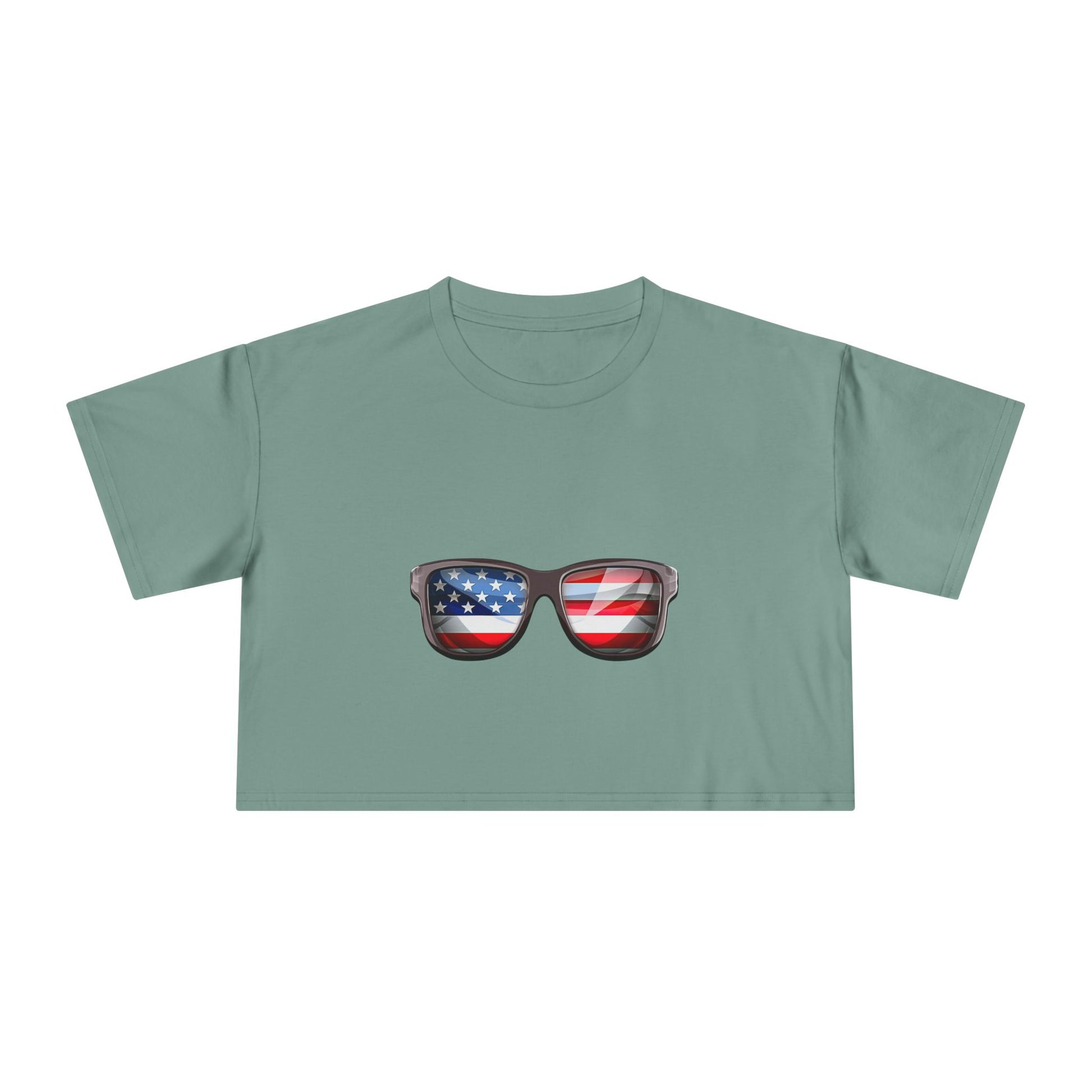 Patriotic Sunglasses Women's Crop Tee — American Flag Shades 4th of July Top
