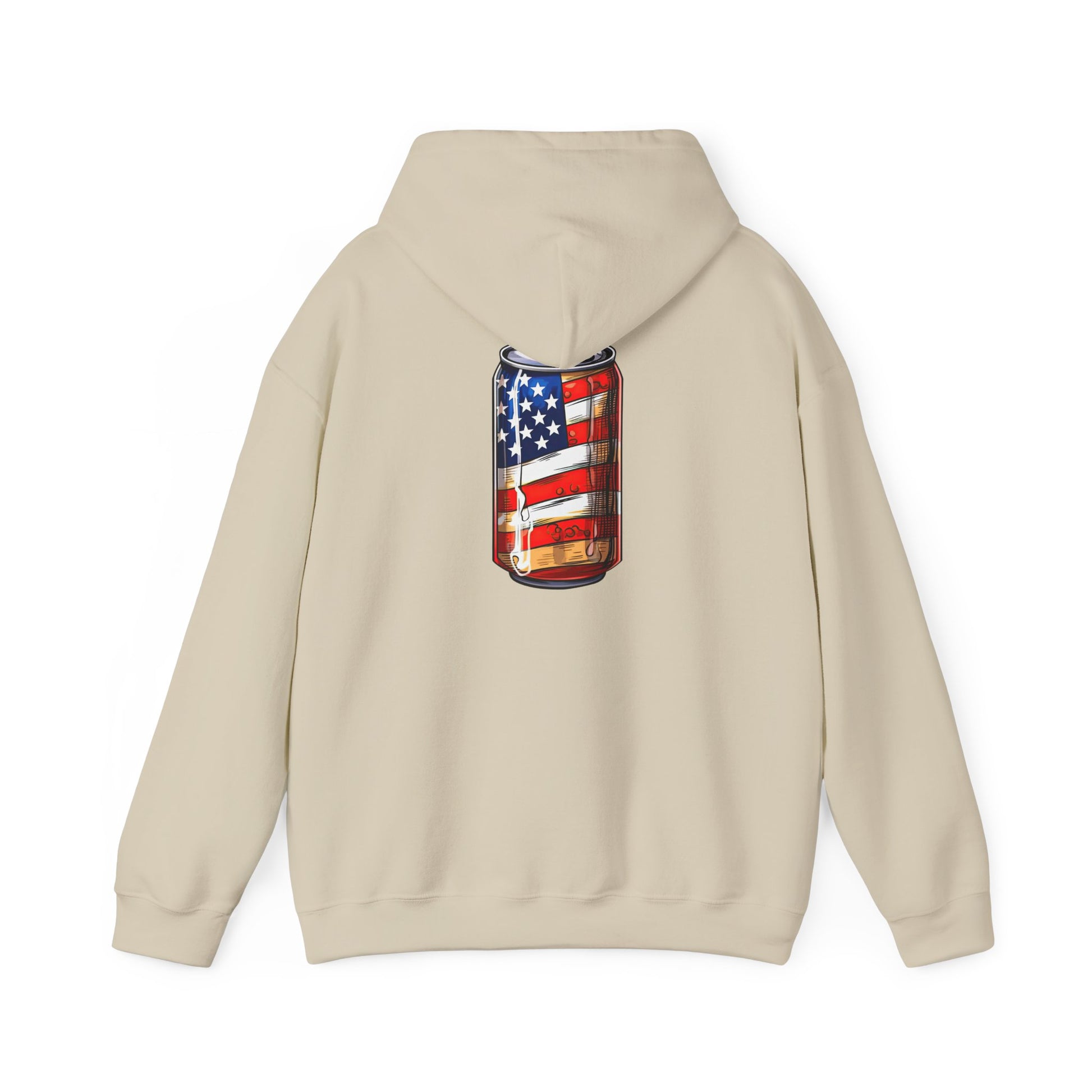 American Flag Soda Can Hoodie — Patriotic Vintage Beverage Graphic Sweatshirt