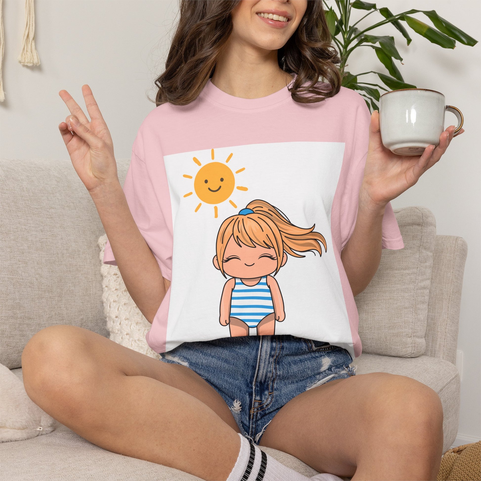 Cute Girl in Swimsuit T-Shirt — Sunny Beach Cartoon Tee
