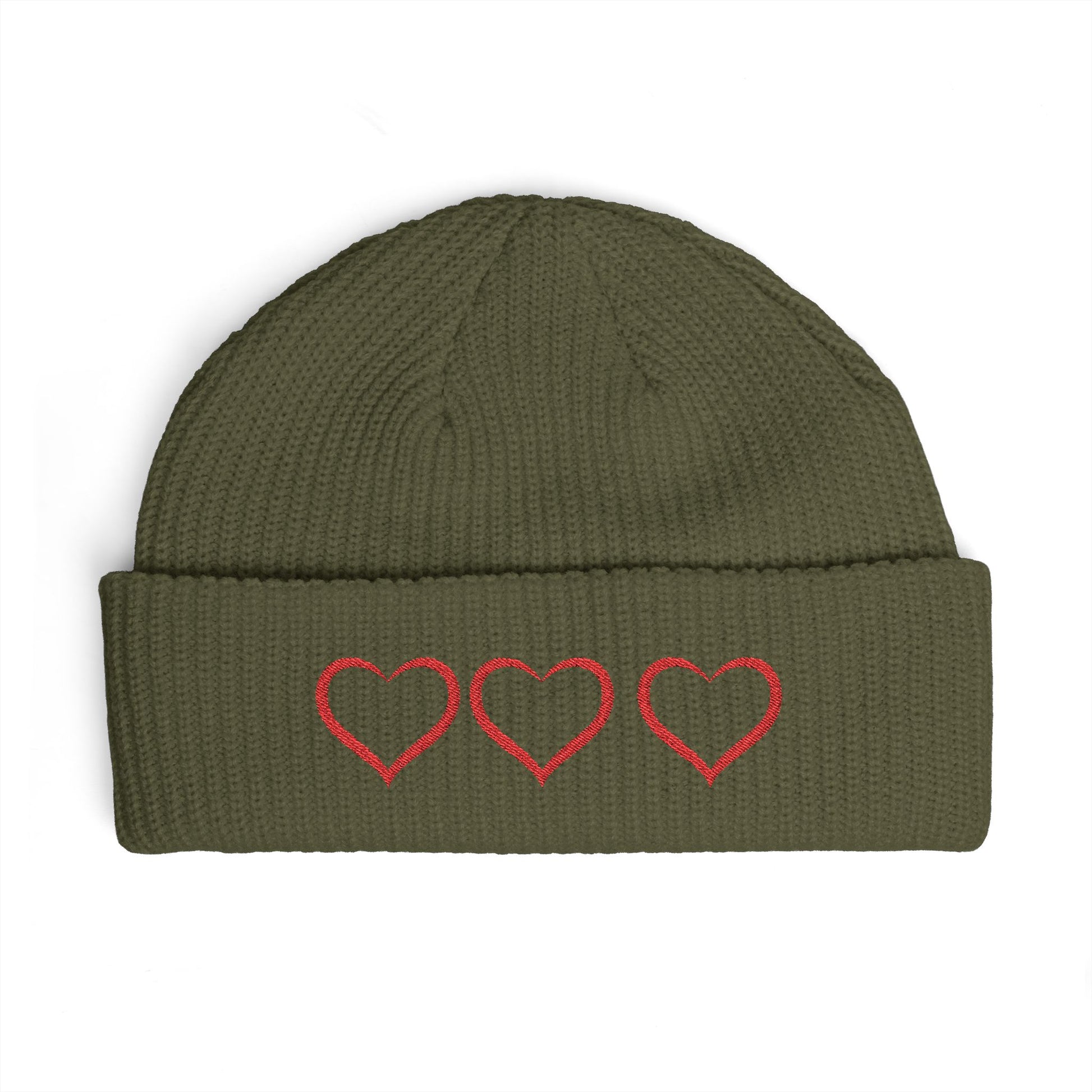 Embroidered Triple Heart Cuff Beanie — Cozy Valentine Knit Hat