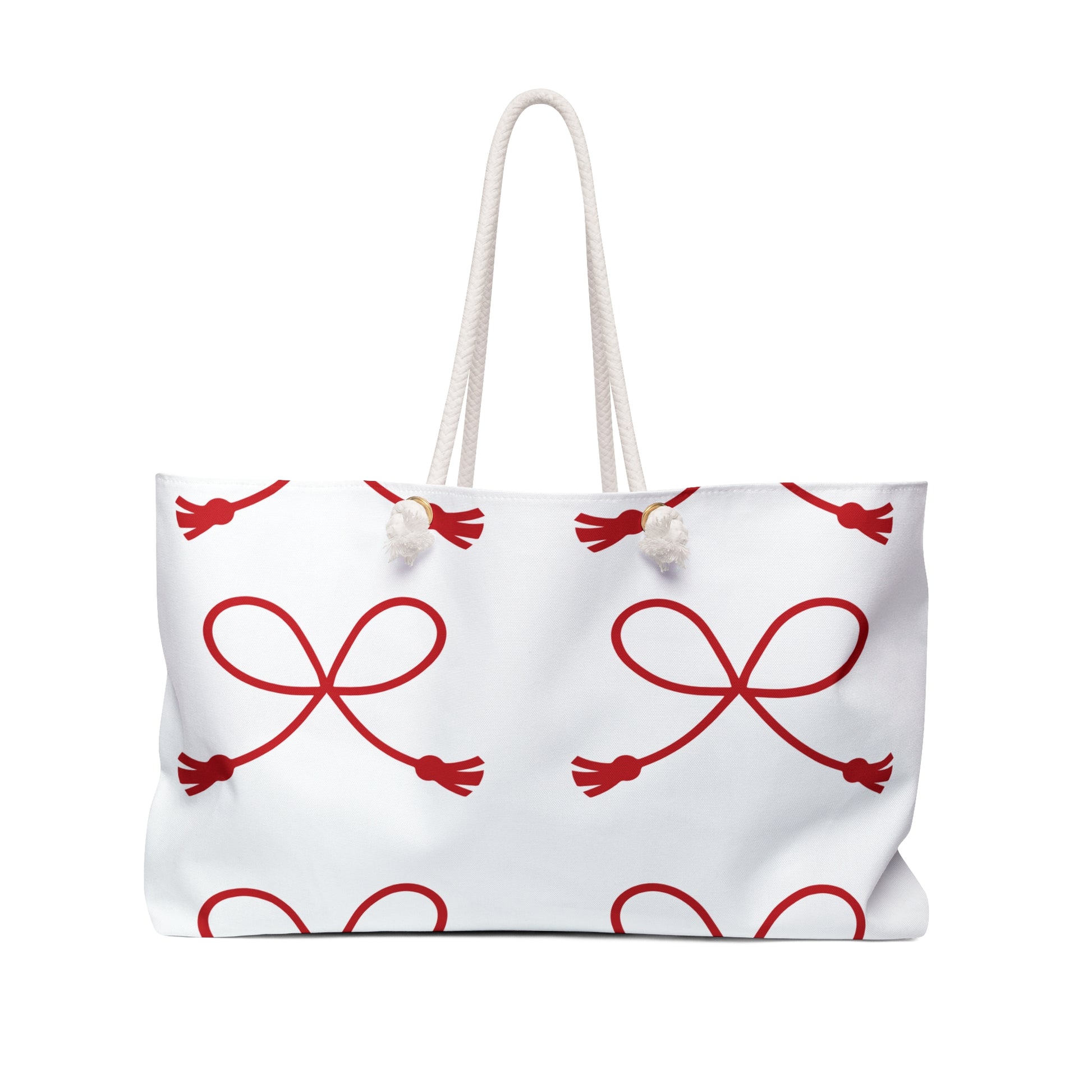 Red Bow Rope Weekender Bag — Large Travel Tote with Heartlike Ribbon Pattern