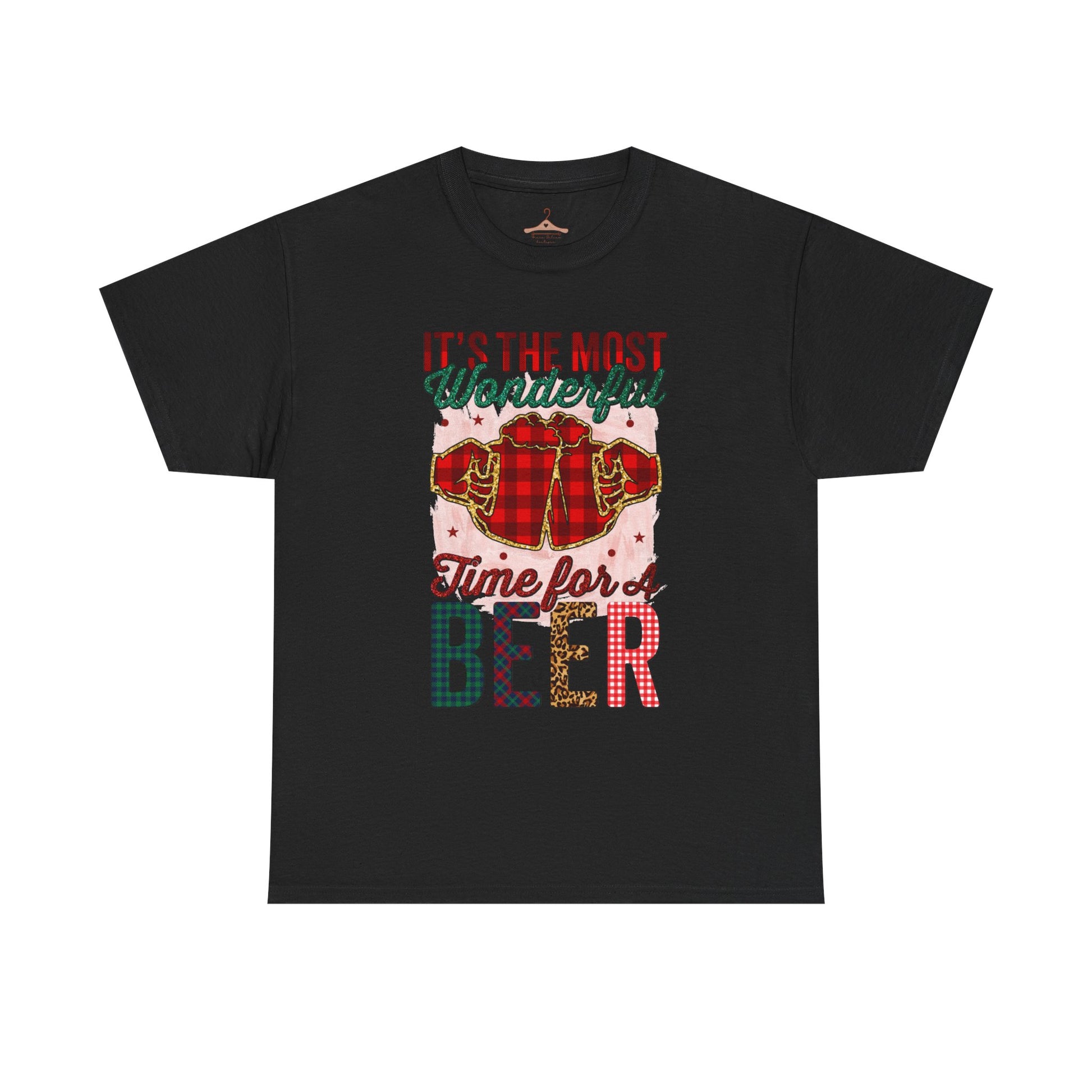 Holiday Beer T‑Shirt – "It's the Most Wonderful Time for a Beer" Plaid Santa Tee
