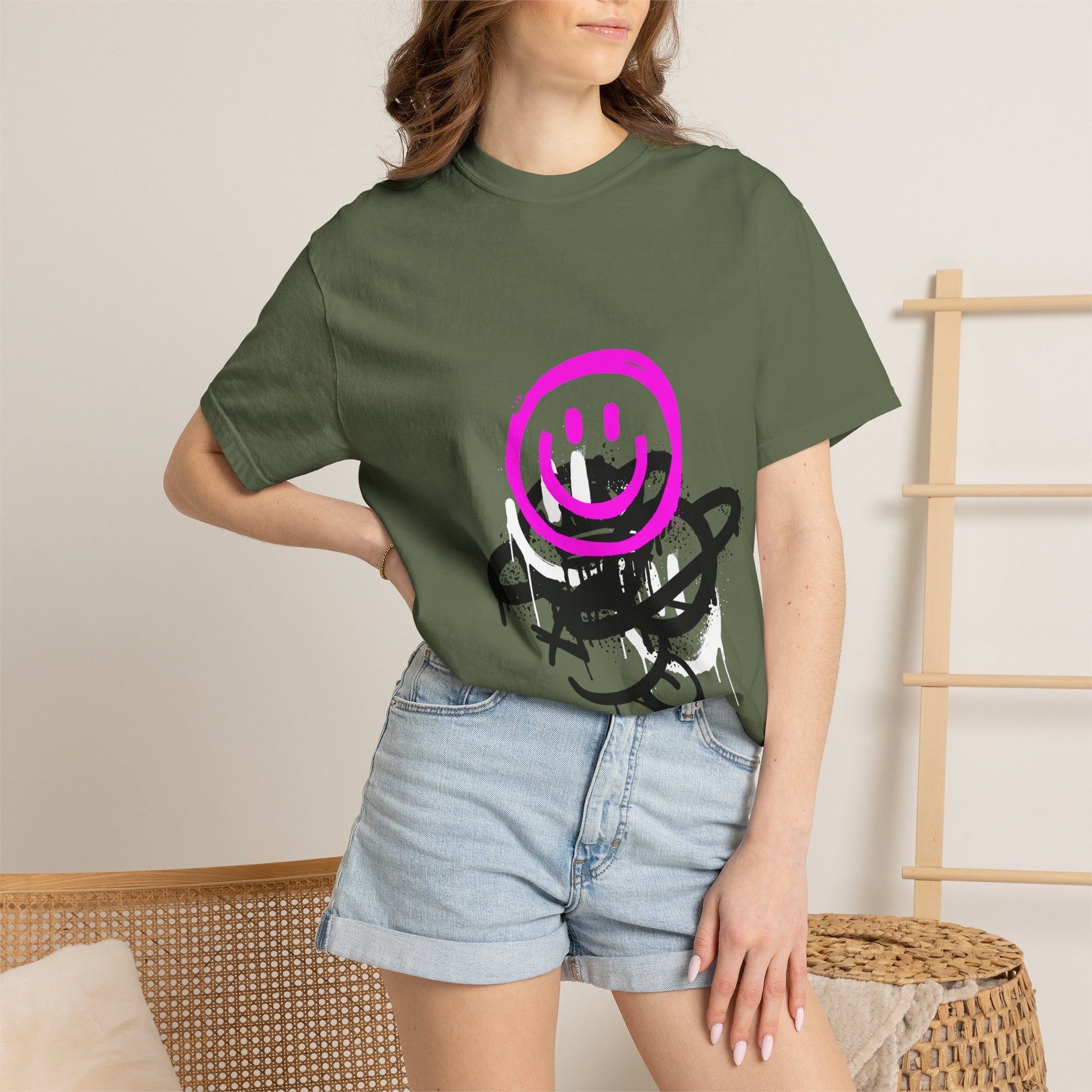 Smiley Graffiti T-Shirt — Neon Pink Drip Streetwear Tee