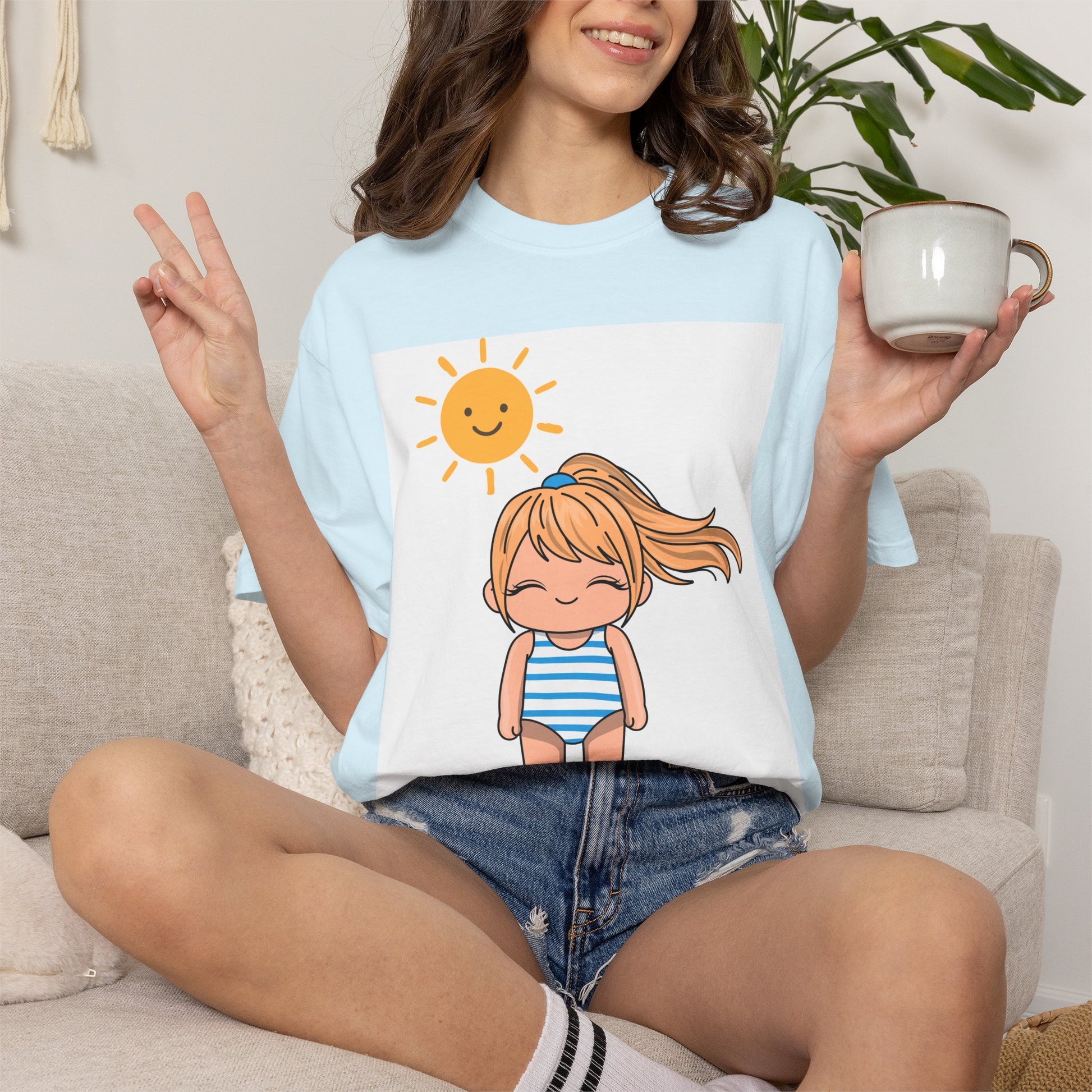 Cute Girl in Swimsuit T-Shirt — Sunny Beach Cartoon Tee