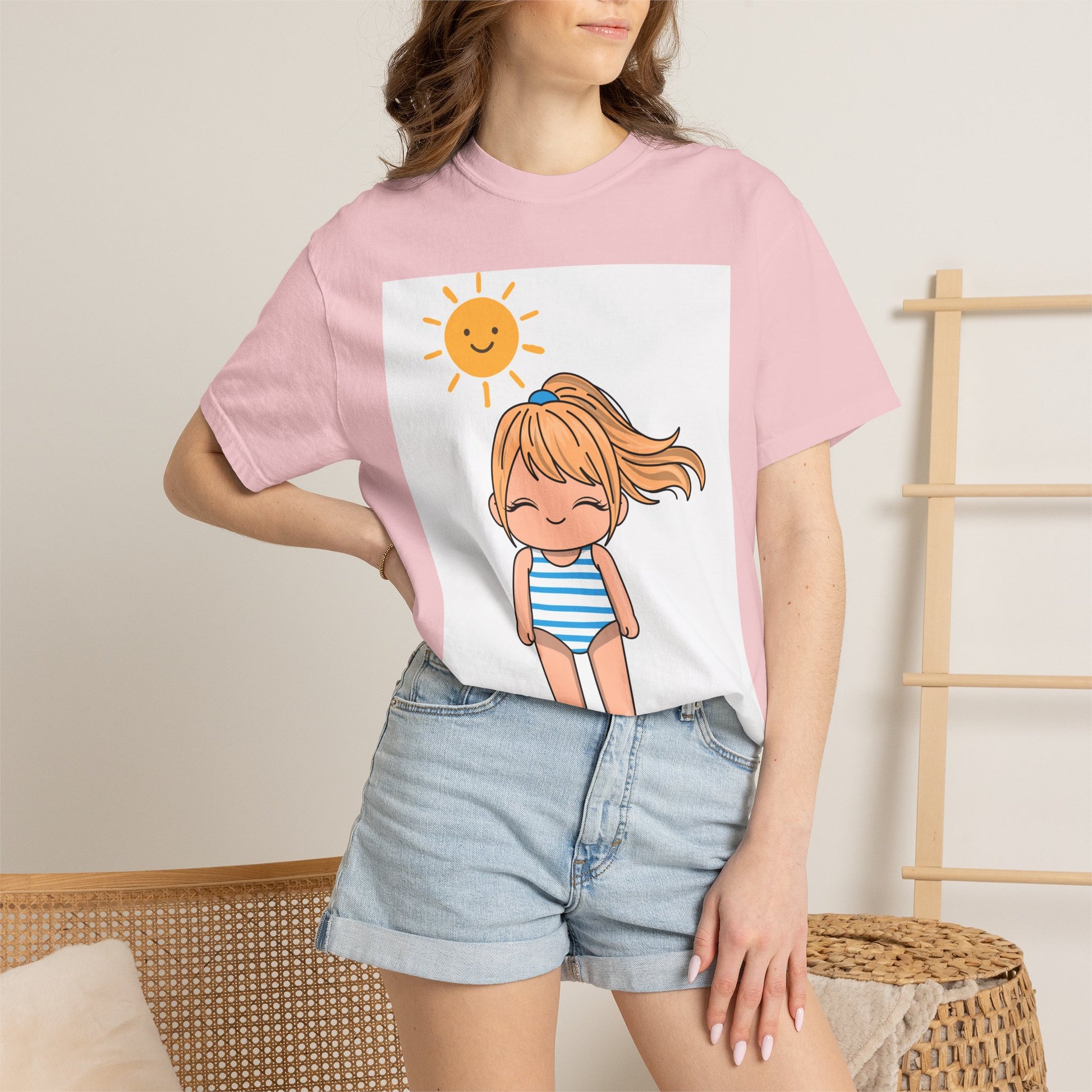 Cute Girl in Swimsuit T-Shirt — Sunny Beach Cartoon Tee