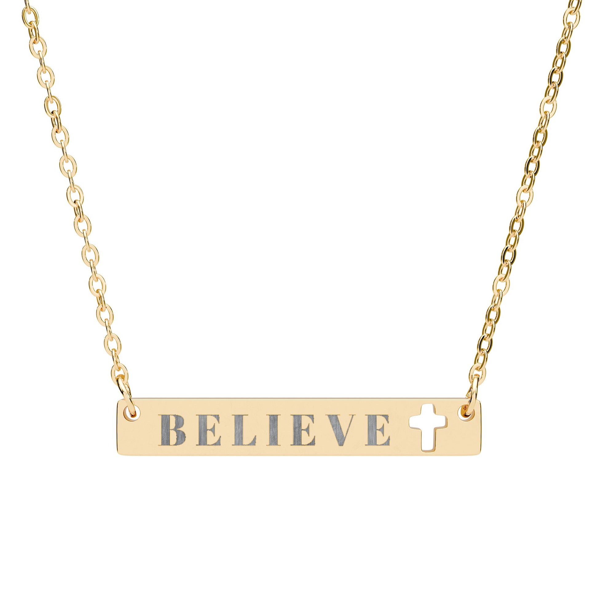 "Believe" Cutout Cross Bar Necklace — Engravable Faith Pendant (Silver & Rose Gold)