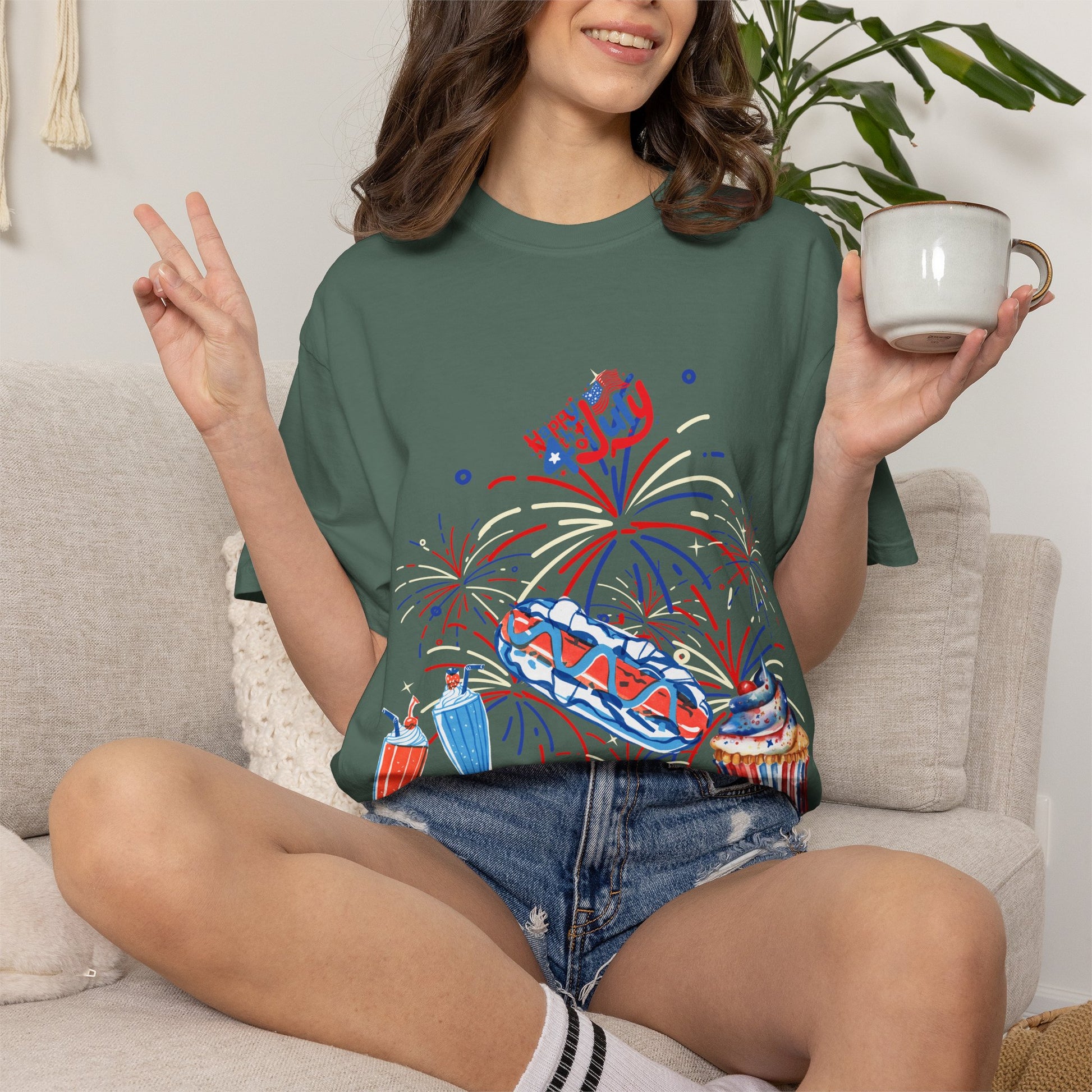 T-Shirt — Fourth of July Party Graphic Tee (Fireworks, Cupcake & Drinks)