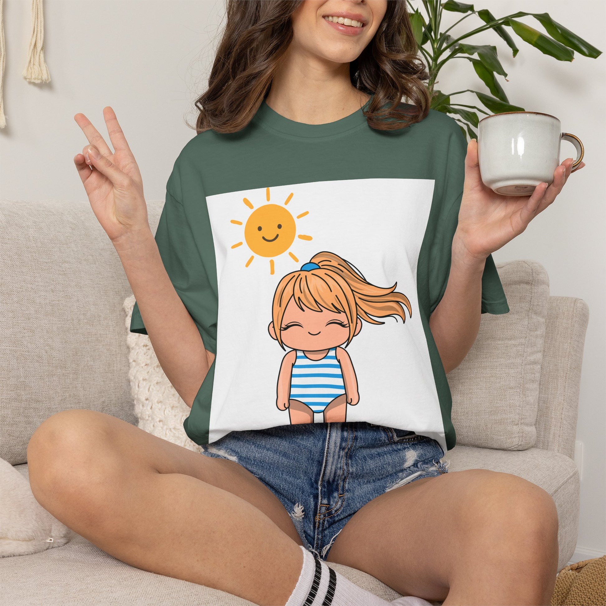 Cute Girl in Swimsuit T-Shirt — Sunny Beach Cartoon Tee