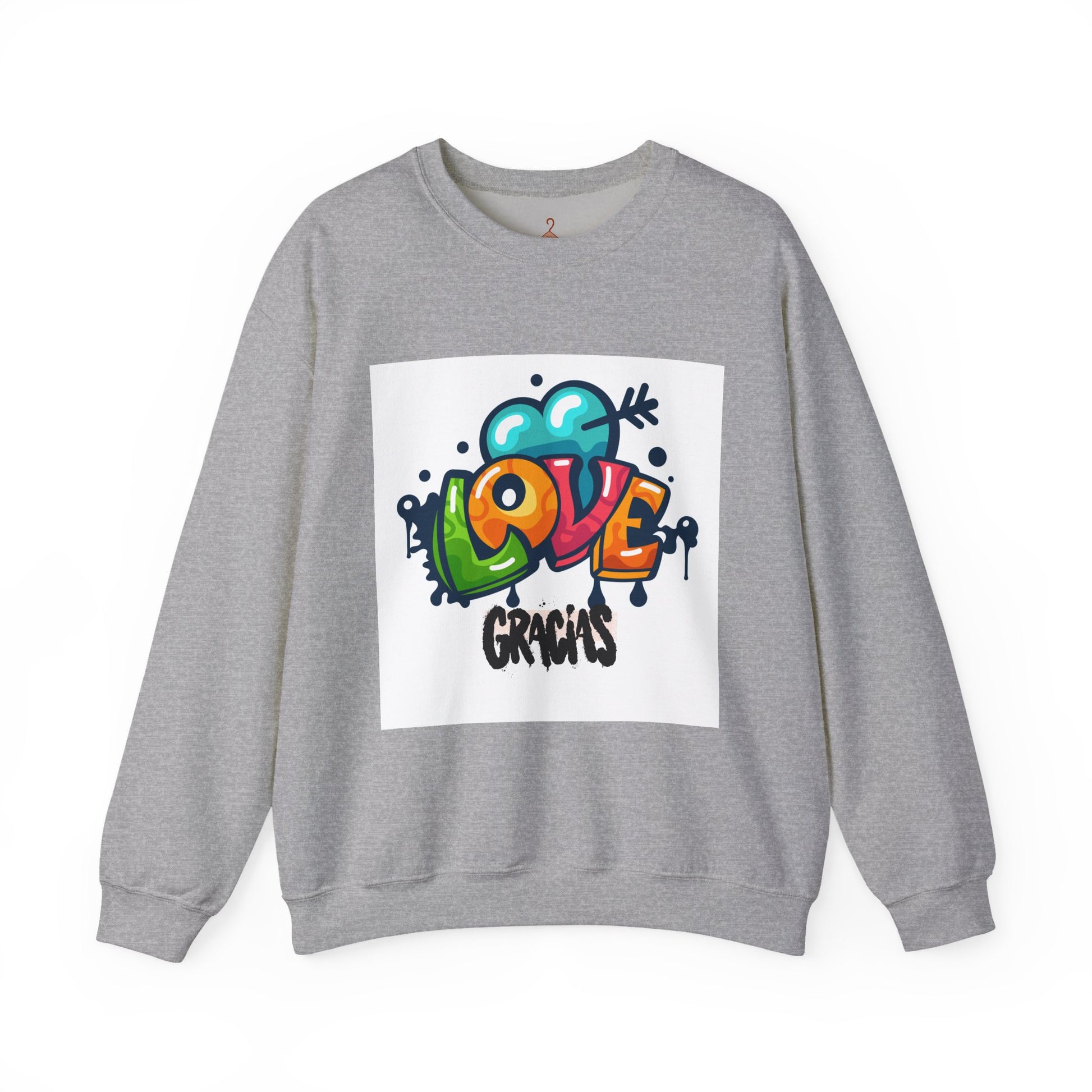 Love Gracias Crewneck Sweatshirt — Colorful Graffiti Heart Thank You Pullover